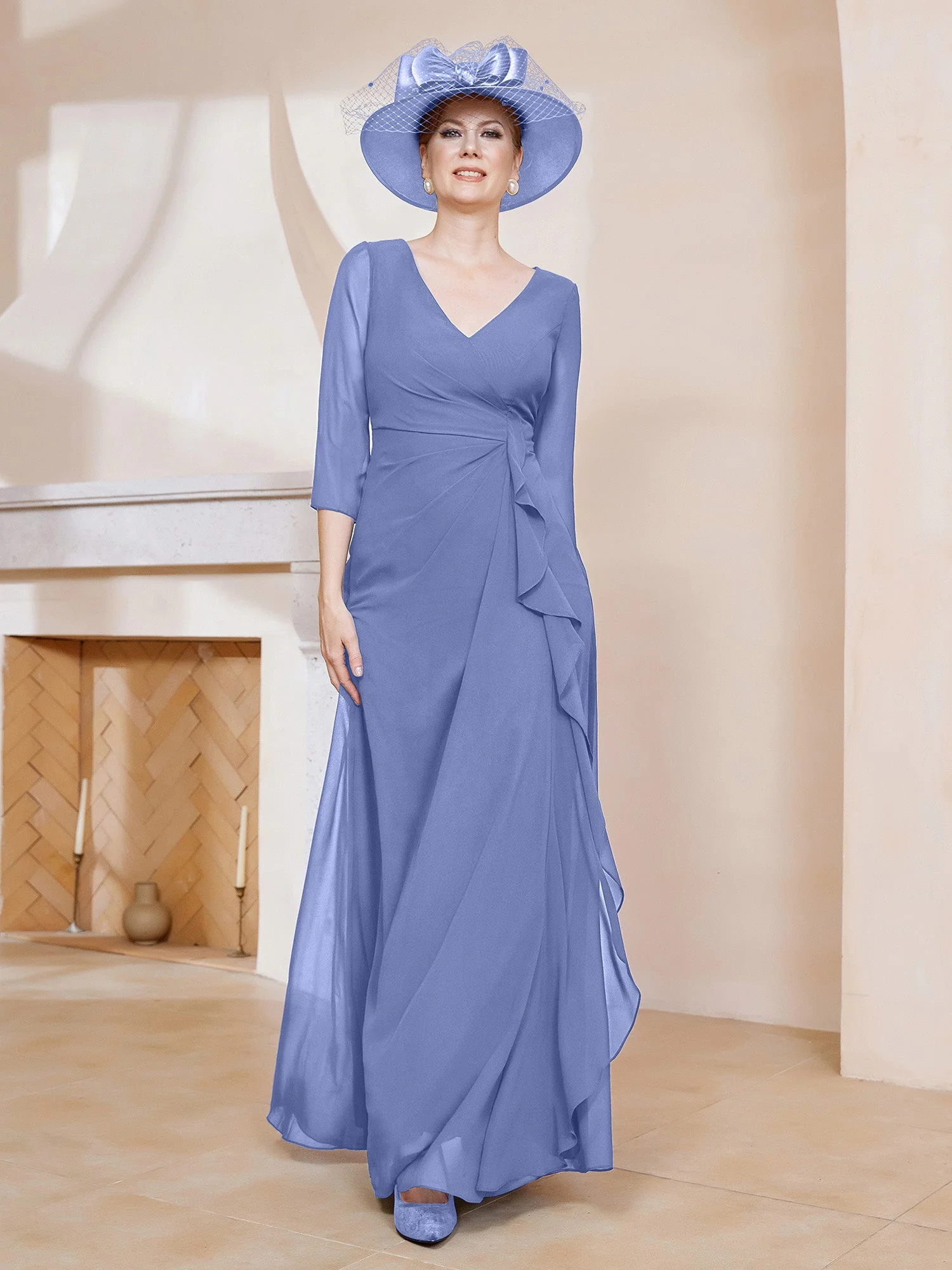 3/4 Ärmel V-Ausschnitt A-Linie Plissee Kleid Periwinkleblau