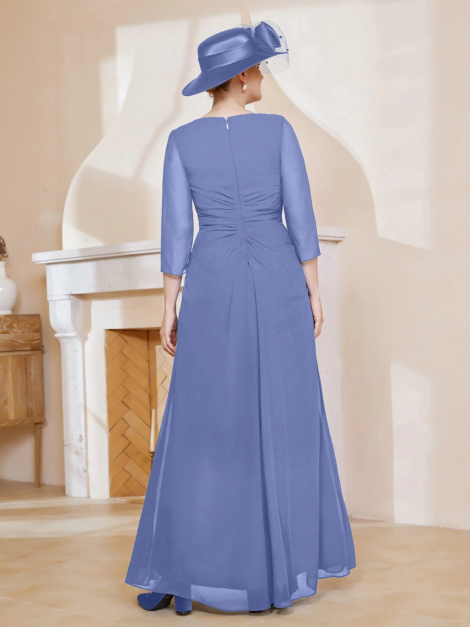 3/4 Ärmel V-Ausschnitt A-Linie Plissee Kleid Periwinkleblau - Image 2