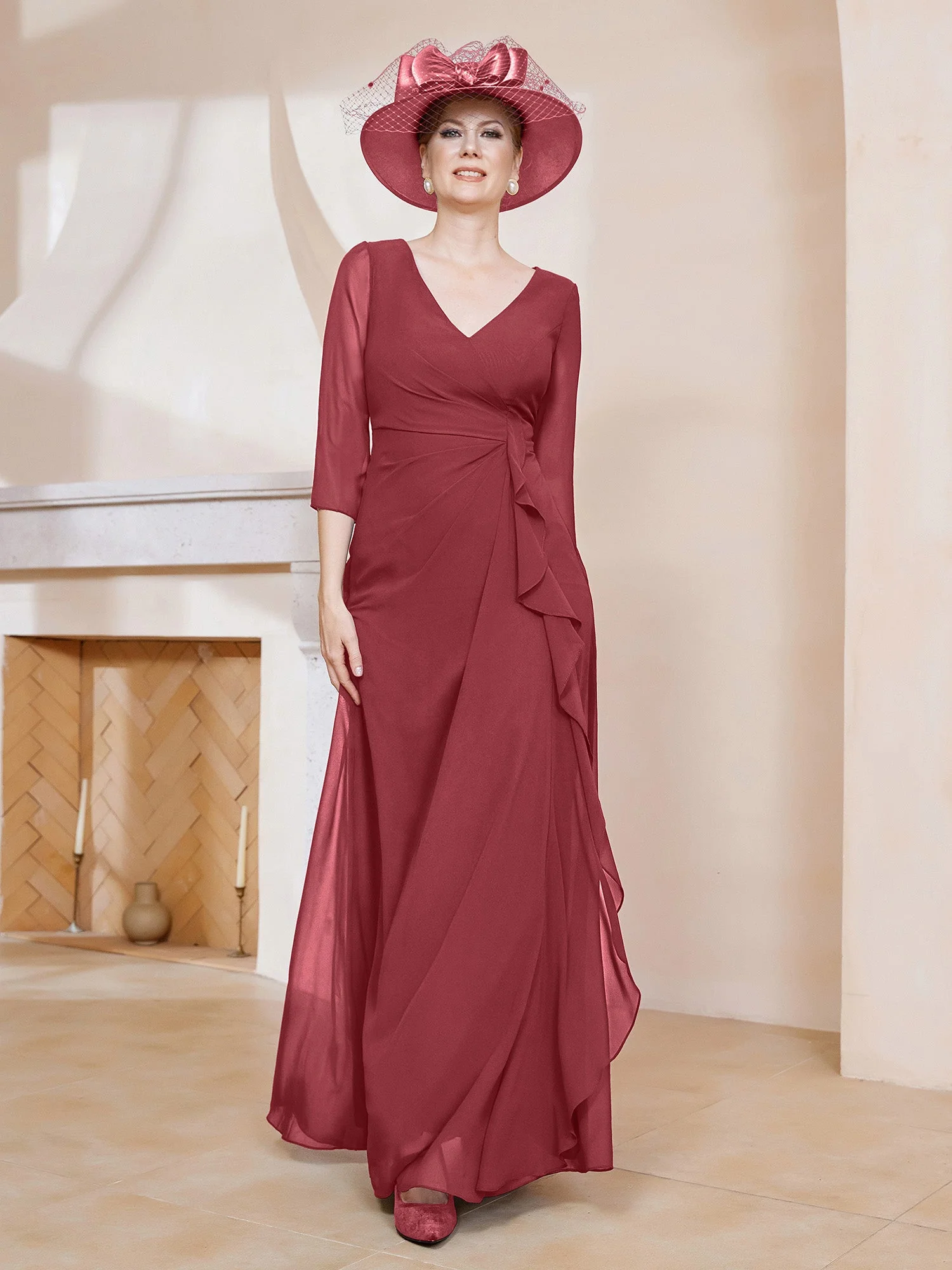 3/4 Ärmel V-Ausschnitt A-Linie Plissee Kleid Zimtrose