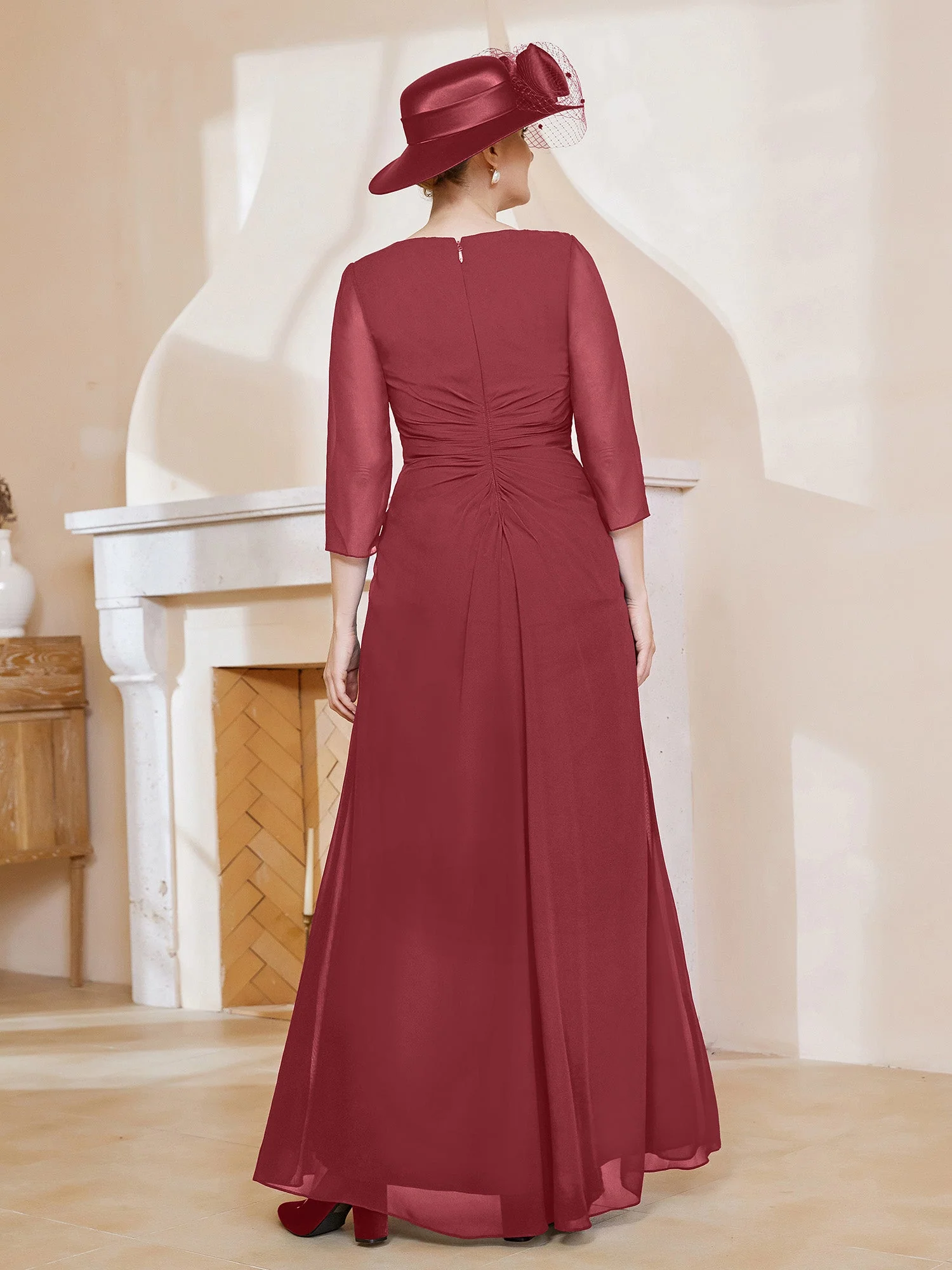 3/4 Ärmel V-Ausschnitt A-Linie Plissee Kleid Zimtrose - Image 2
