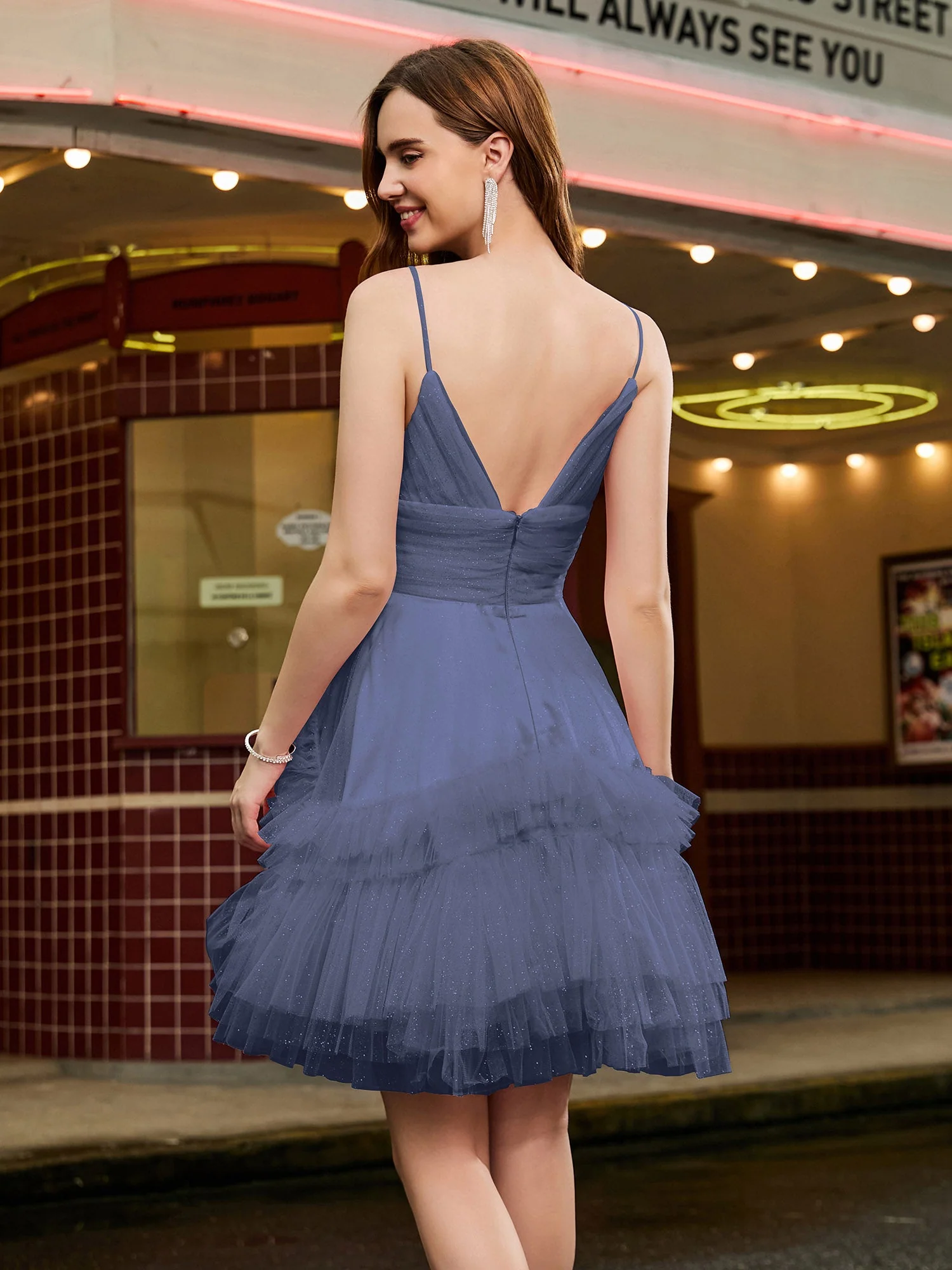 A-line Tüll gestuftes Glitzer Kurzes Kleid Periwinkleblau - Image 2