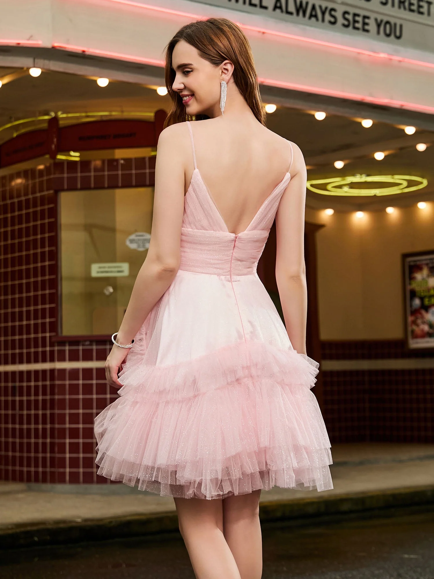 A-line Tüll gestuftes Glitzer Kurzes Kleid Zartrosa - Image 2