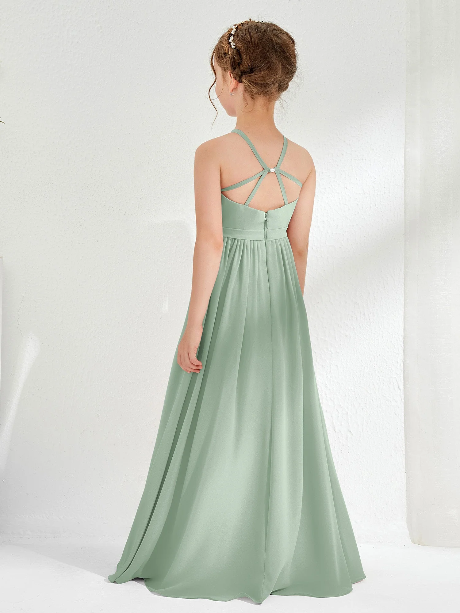 A-Linie Ärmellos Chiffon Lange Junge Brautjungfernkleider Agavengrün - Image 2