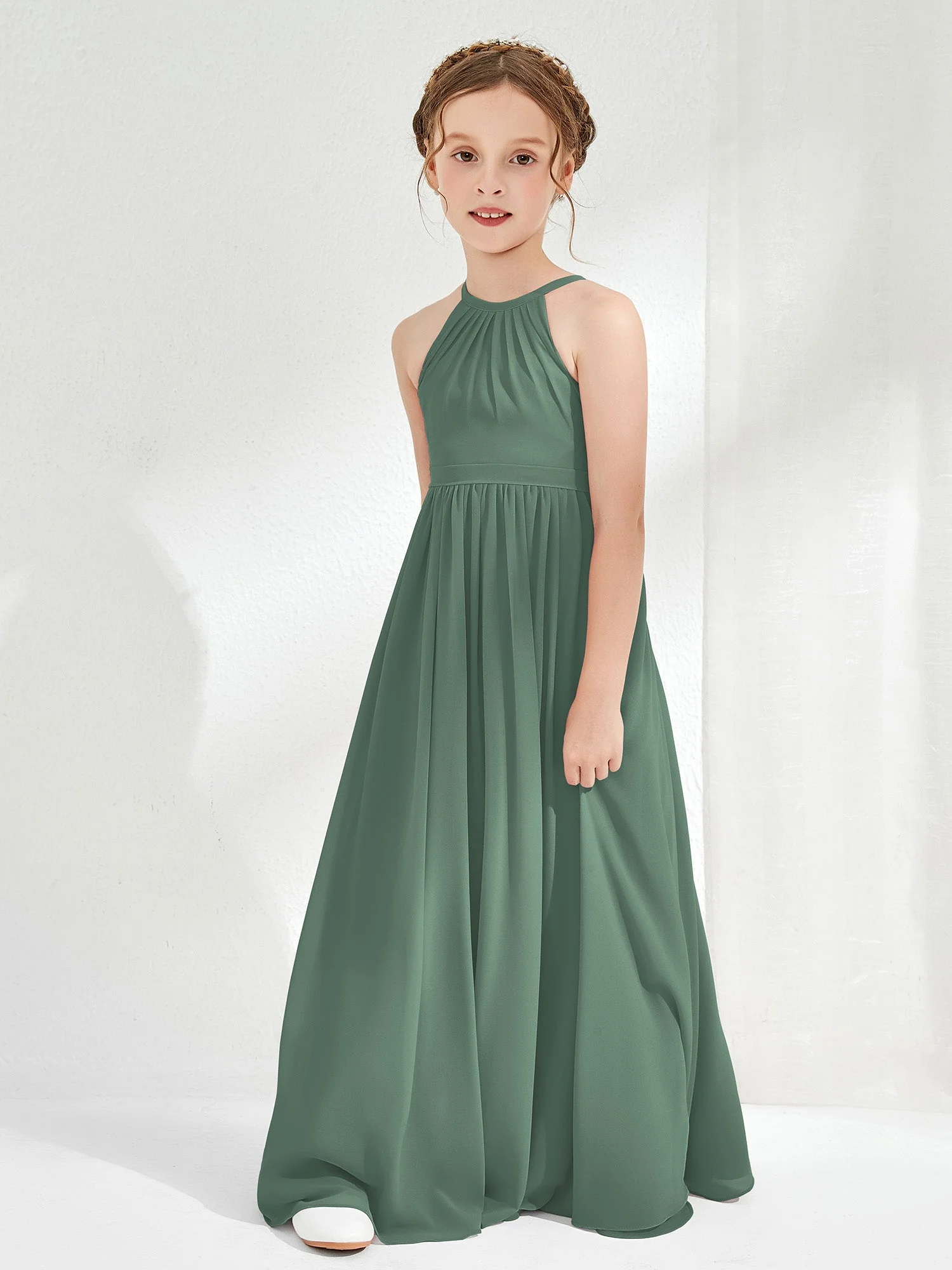 A-Linie Ärmellos Chiffon Lange Junge Brautjungfernkleider Eukalyptus - Image 3