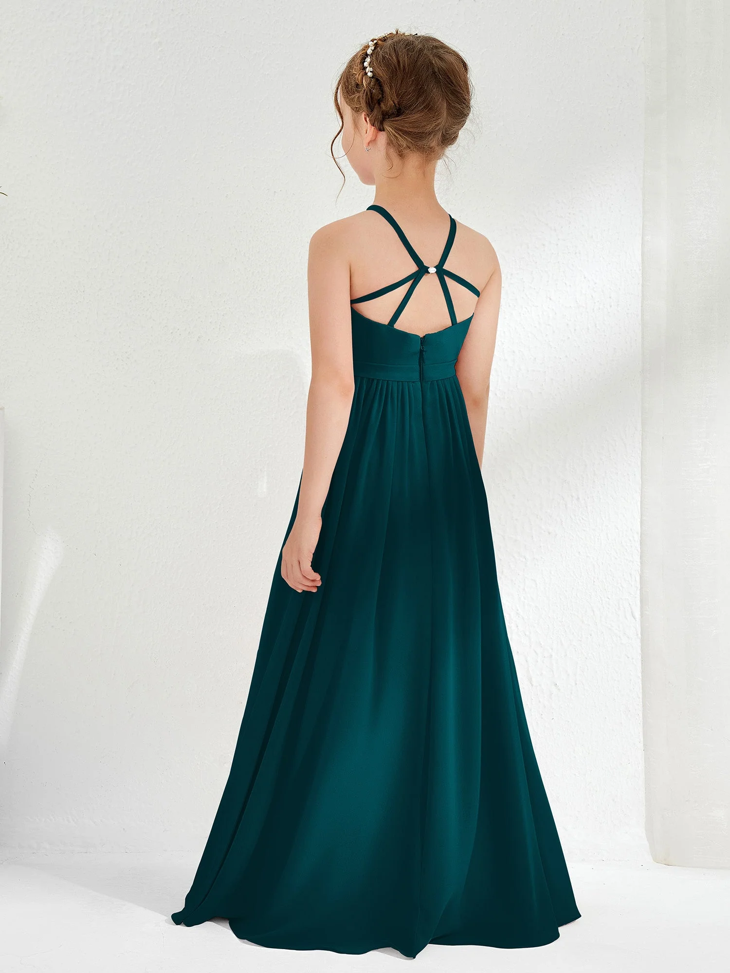 A-Linie Ärmellos Chiffon Lange Junge Brautjungfernkleider Kieferngrün - Image 2