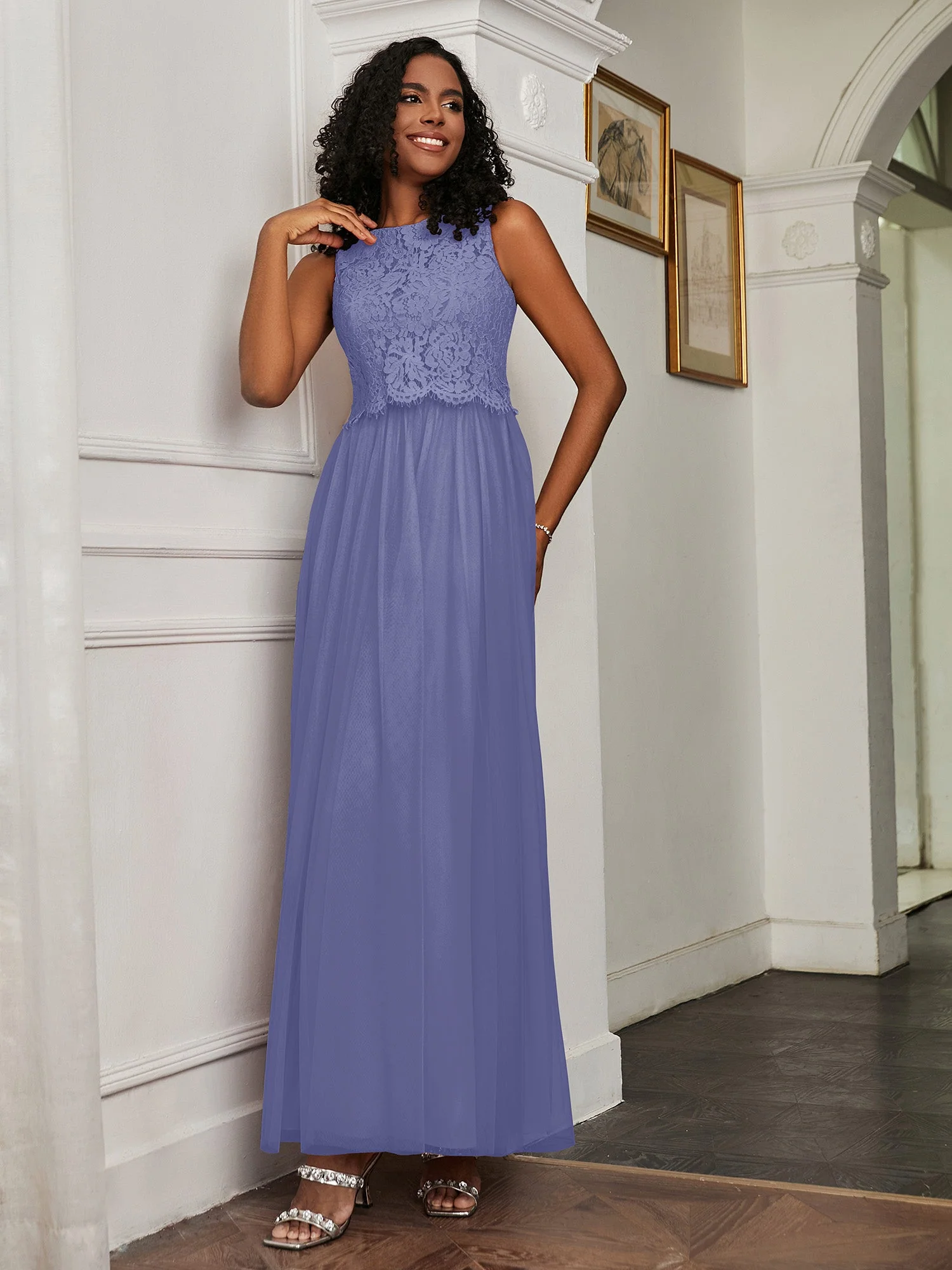 A-Linie Ärmellos Tüll Bodenlang Kleid Periwinkleblau
