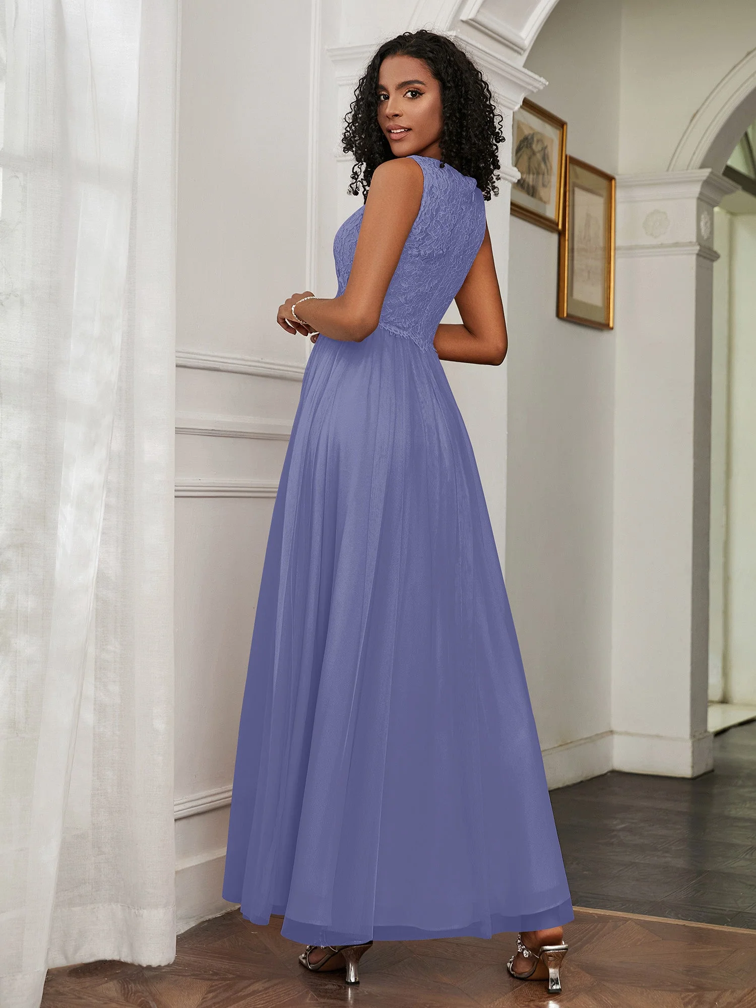 A-Linie Ärmellos Tüll Bodenlang Kleid Periwinkleblau - Image 2