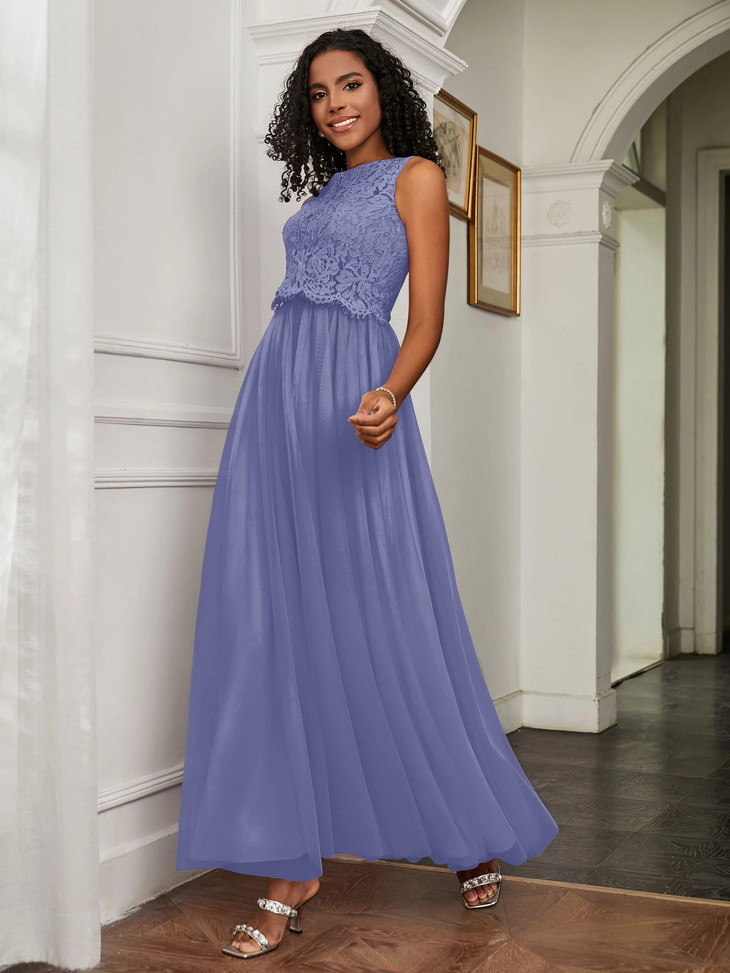 A-Linie Ärmellos Tüll Bodenlang Kleid Periwinkleblau - Image 3