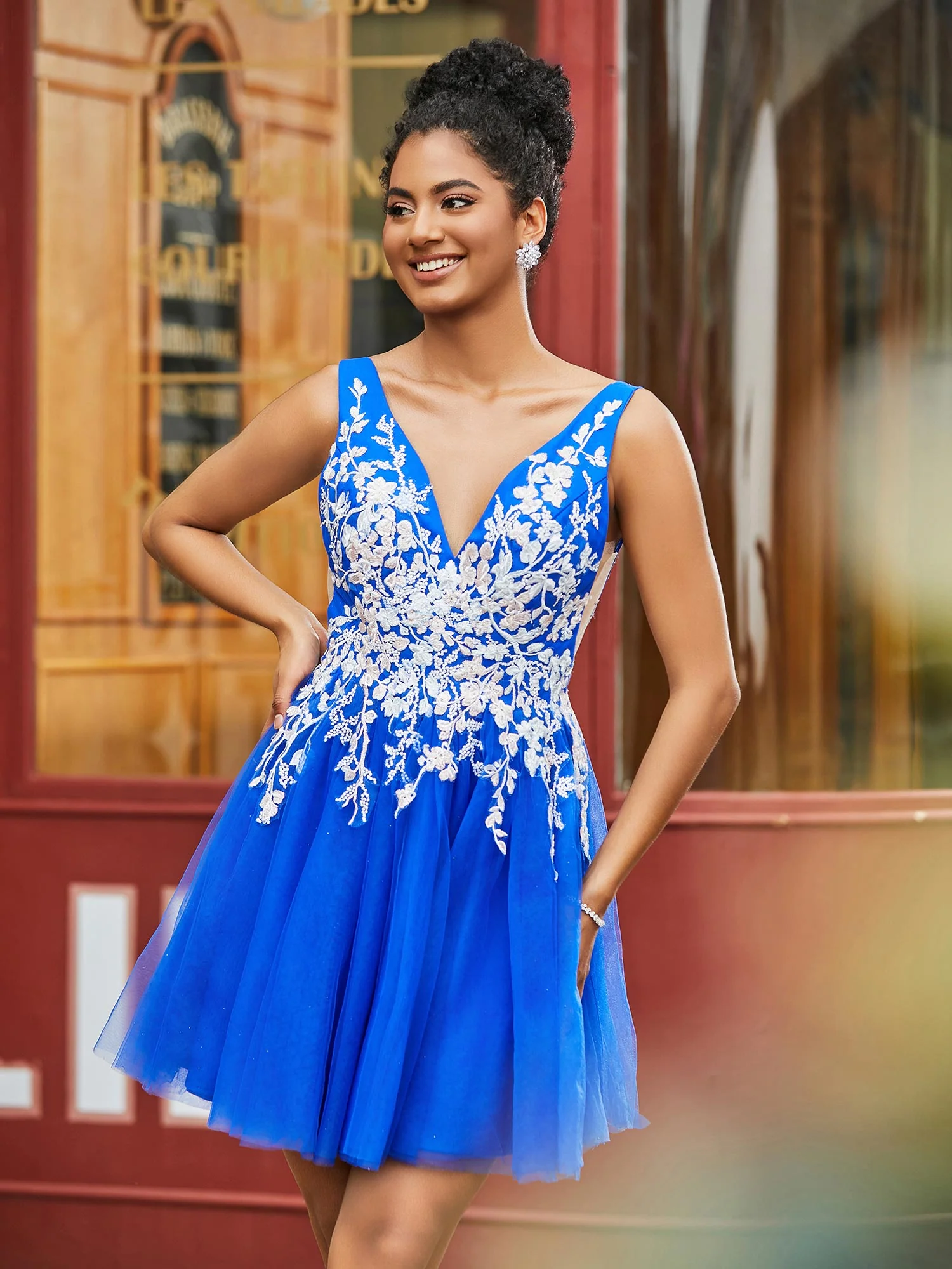 A-Linie ärmelloses Spitzen-Tüll-HOCO-Kleid Königsblau - Image 3