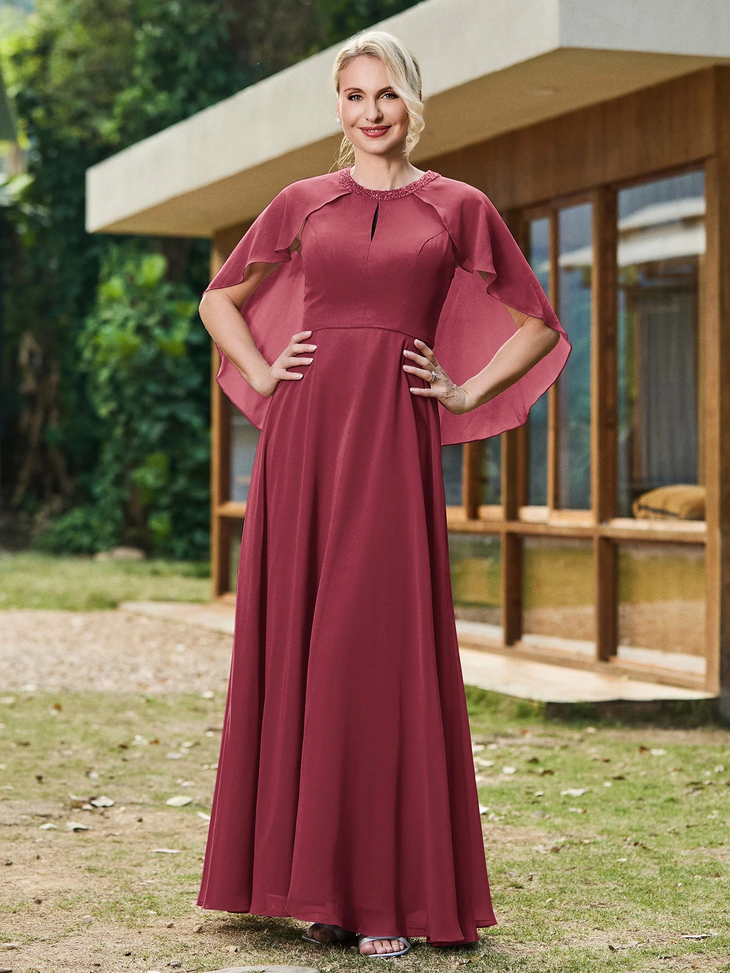 A-Linie Chiffon Kleid mit diamantverziertem Schal am Hals Zimtrose