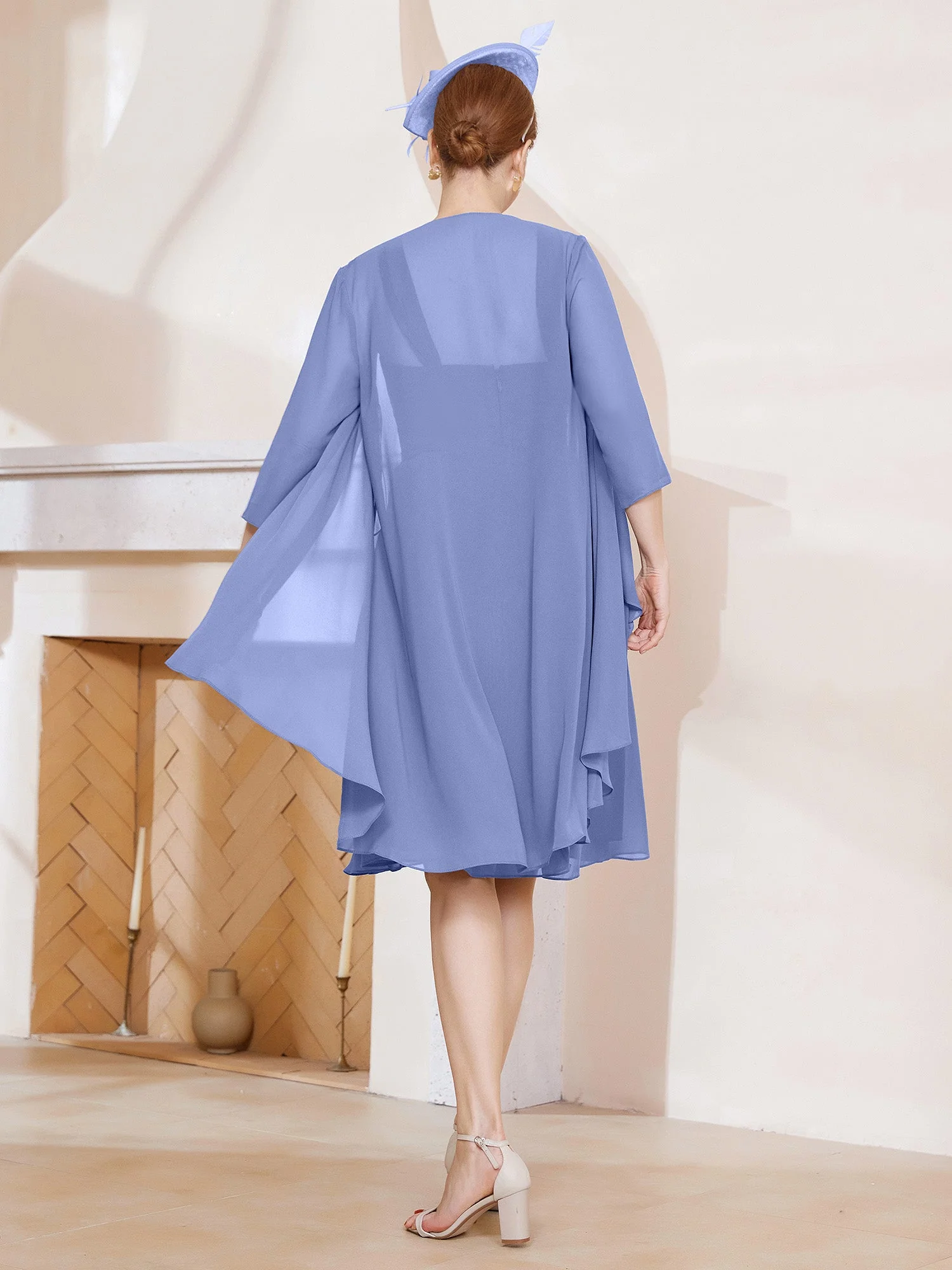 A-Linie Chiffon Knielang Kleid mit Jacke Periwinkleblau - Image 2