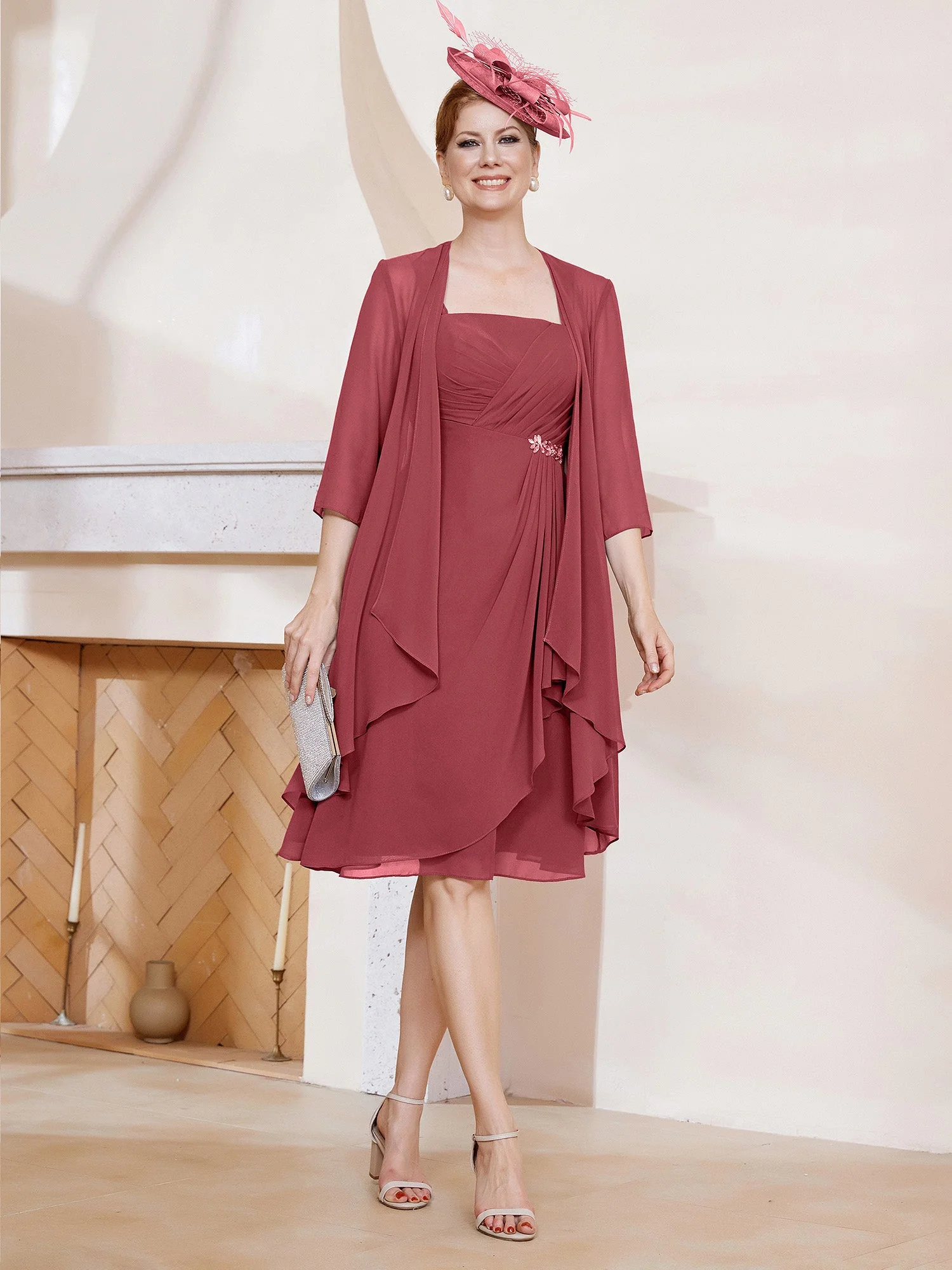 A-Linie Chiffon Knielang Kleid mit Jacke Zimtrose