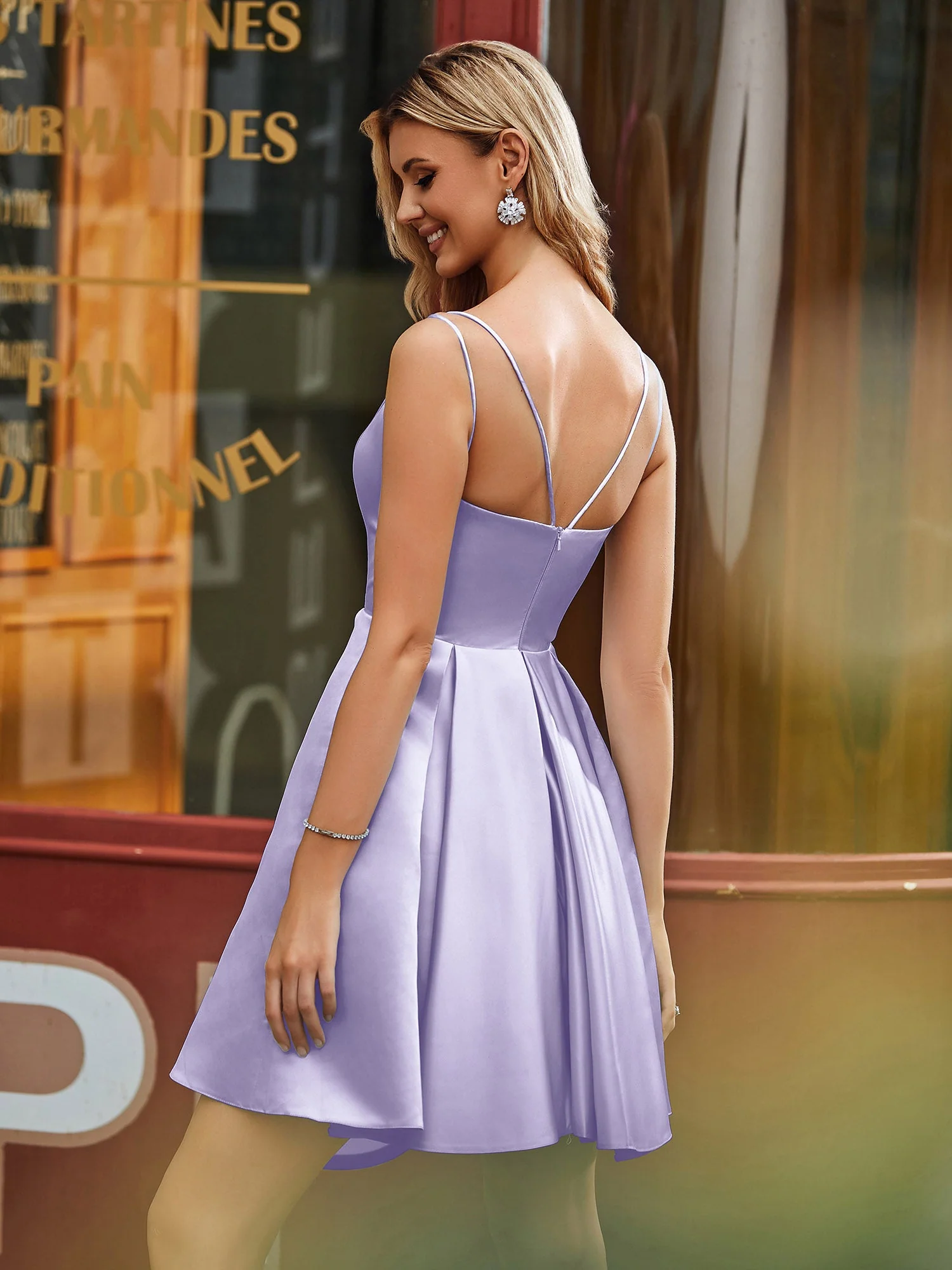 A-Linie Doppelträger V-Ausschnitt Satin Cocktailkleid Lavendel - Image 2