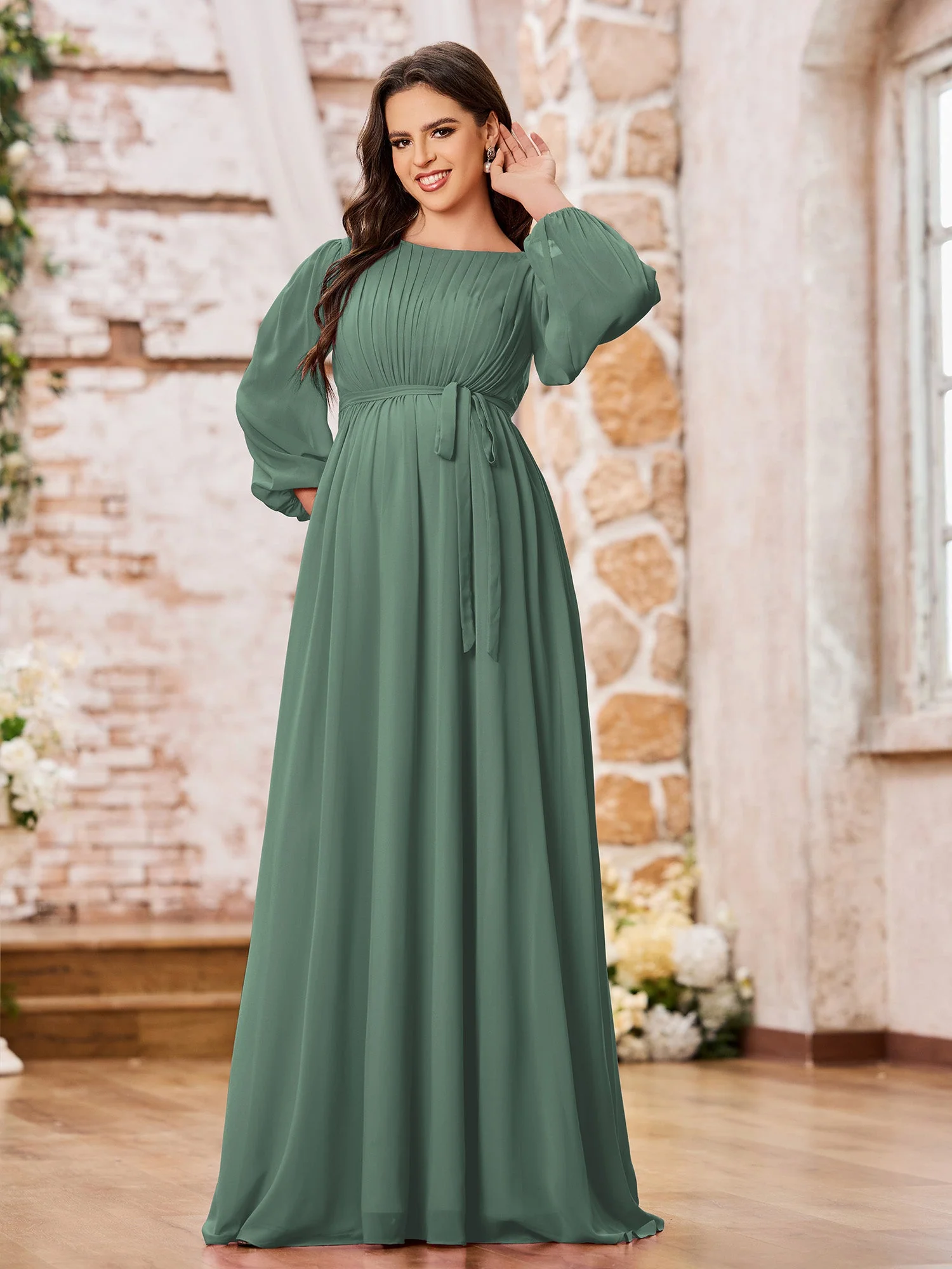 A-Linie Empire Taille Langarm Chiffon Kleider mit Schleife Eukalyptus