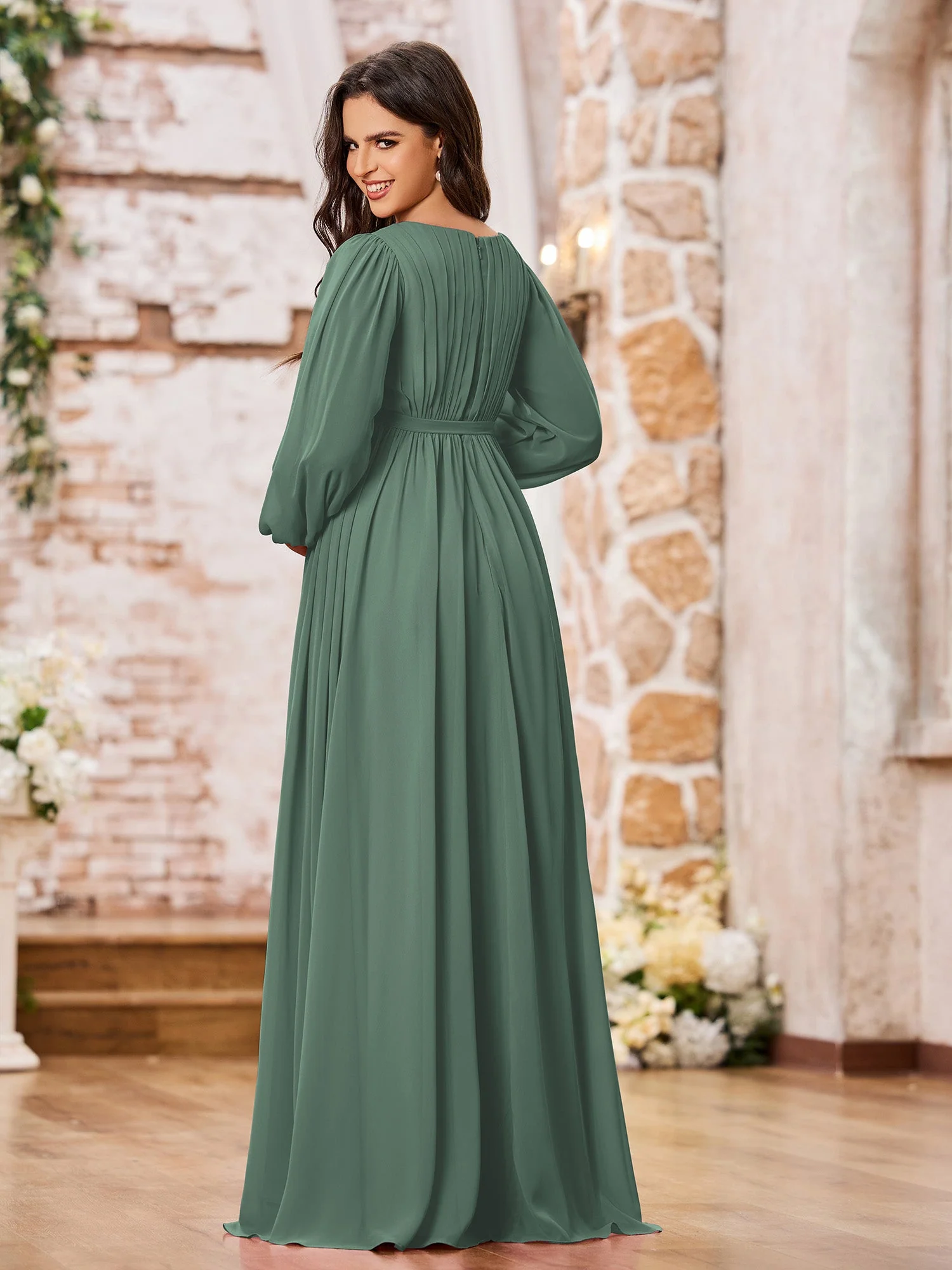 A-Linie Empire Taille Langarm Chiffon Kleider mit Schleife Eukalyptus - Image 2