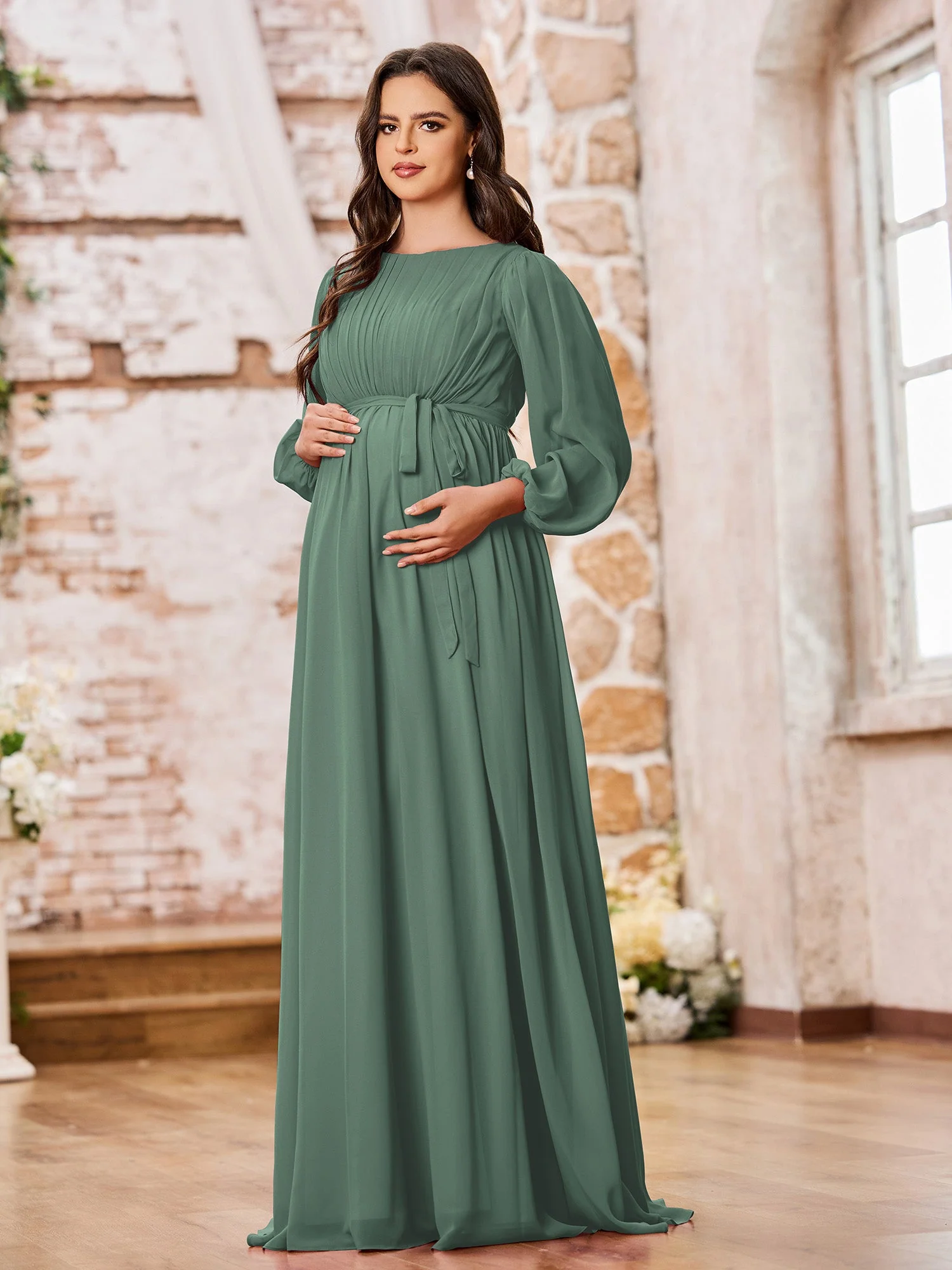 A-Linie Empire Taille Langarm Chiffon Kleider mit Schleife Eukalyptus - Image 3
