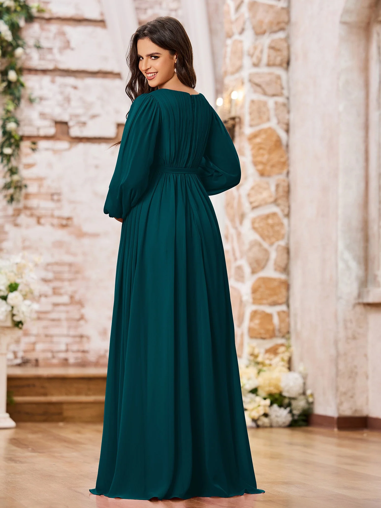 A-Linie Empire Taille Langarm Chiffon Kleider mit Schleife Kieferngrün - Image 2