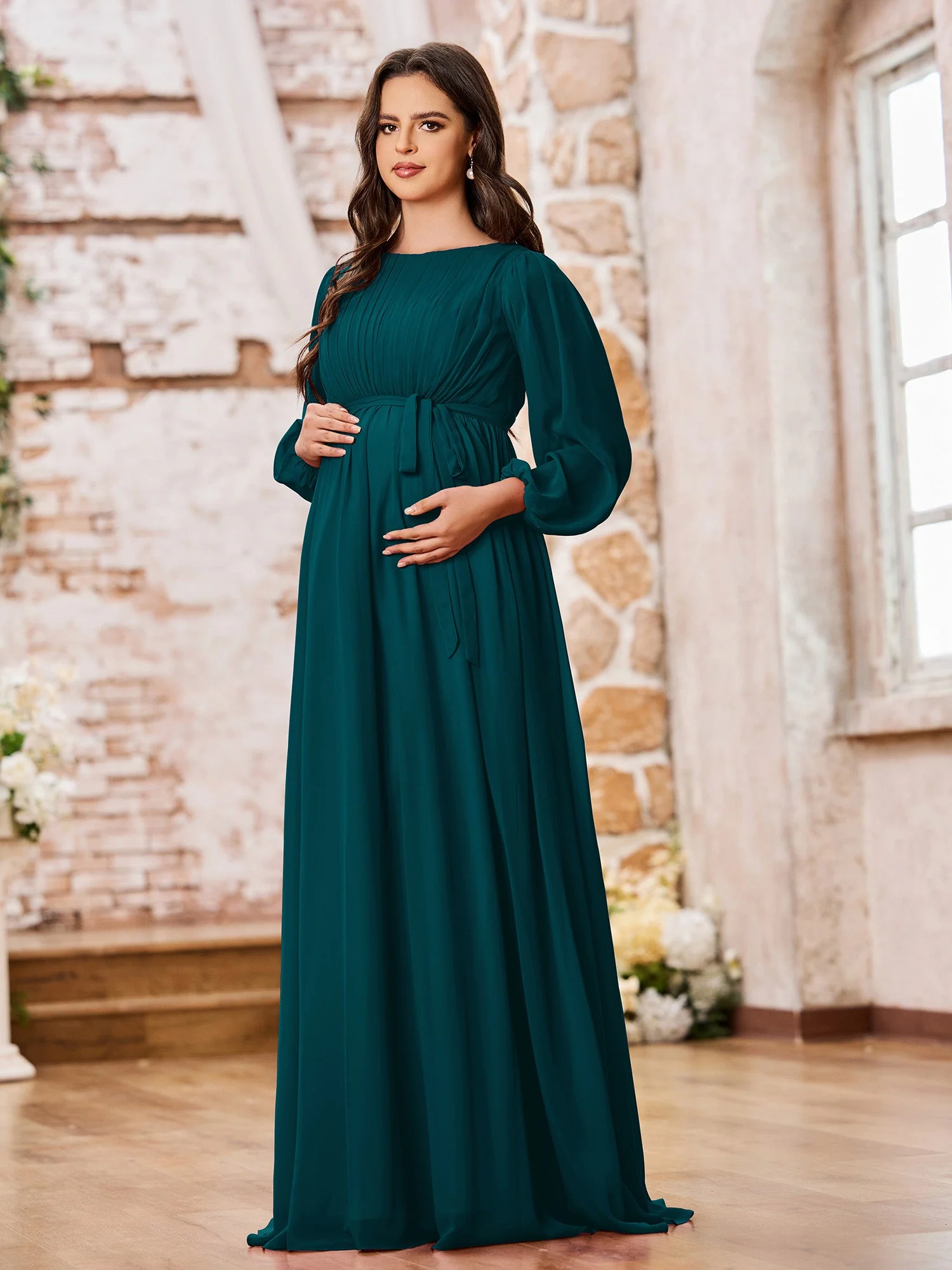 A-Linie Empire Taille Langarm Chiffon Kleider mit Schleife Kieferngrün - Image 3