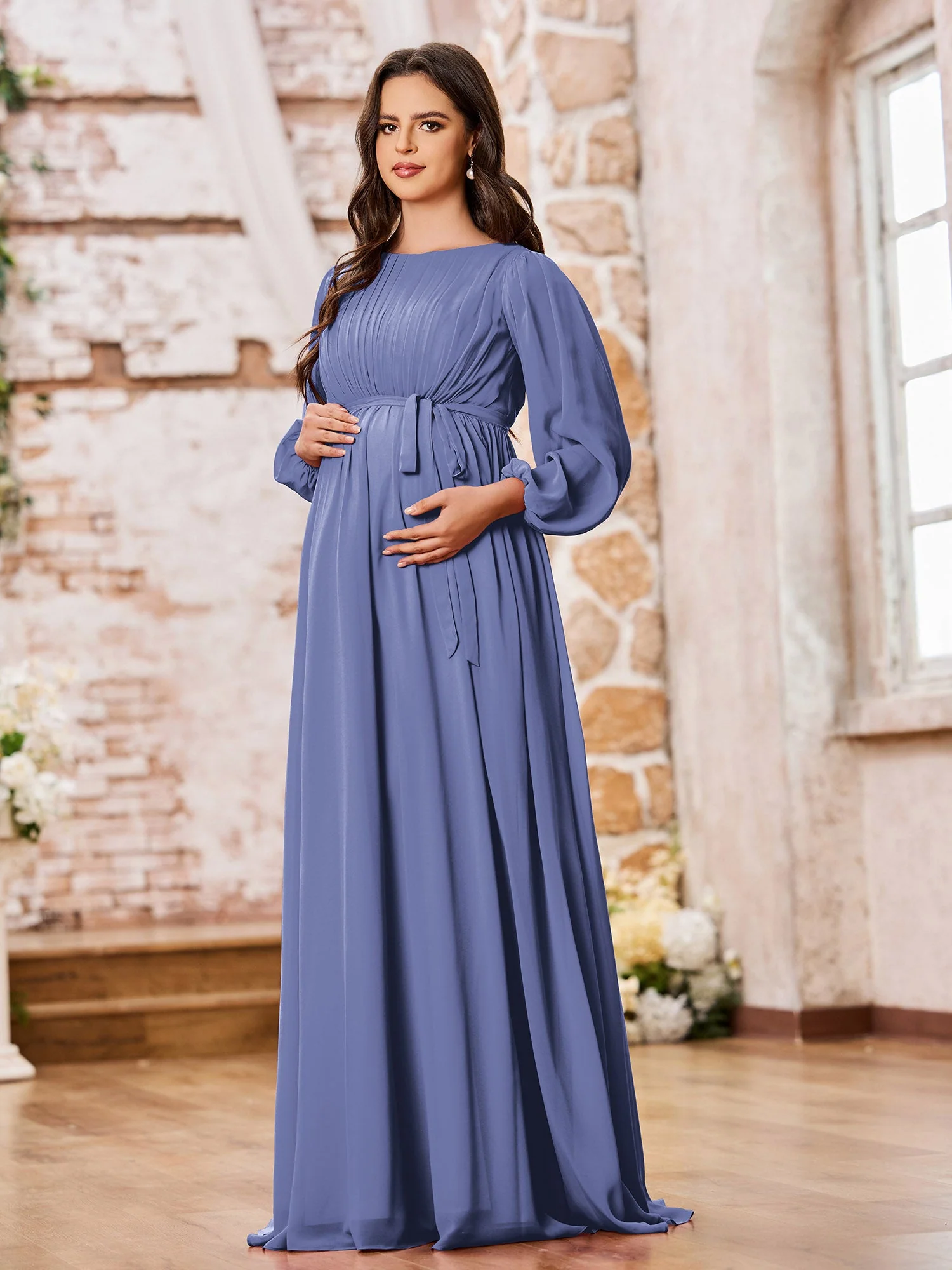 A-Linie Empire Taille Langarm Chiffon Kleider mit Schleife Periwinkleblau - Image 3