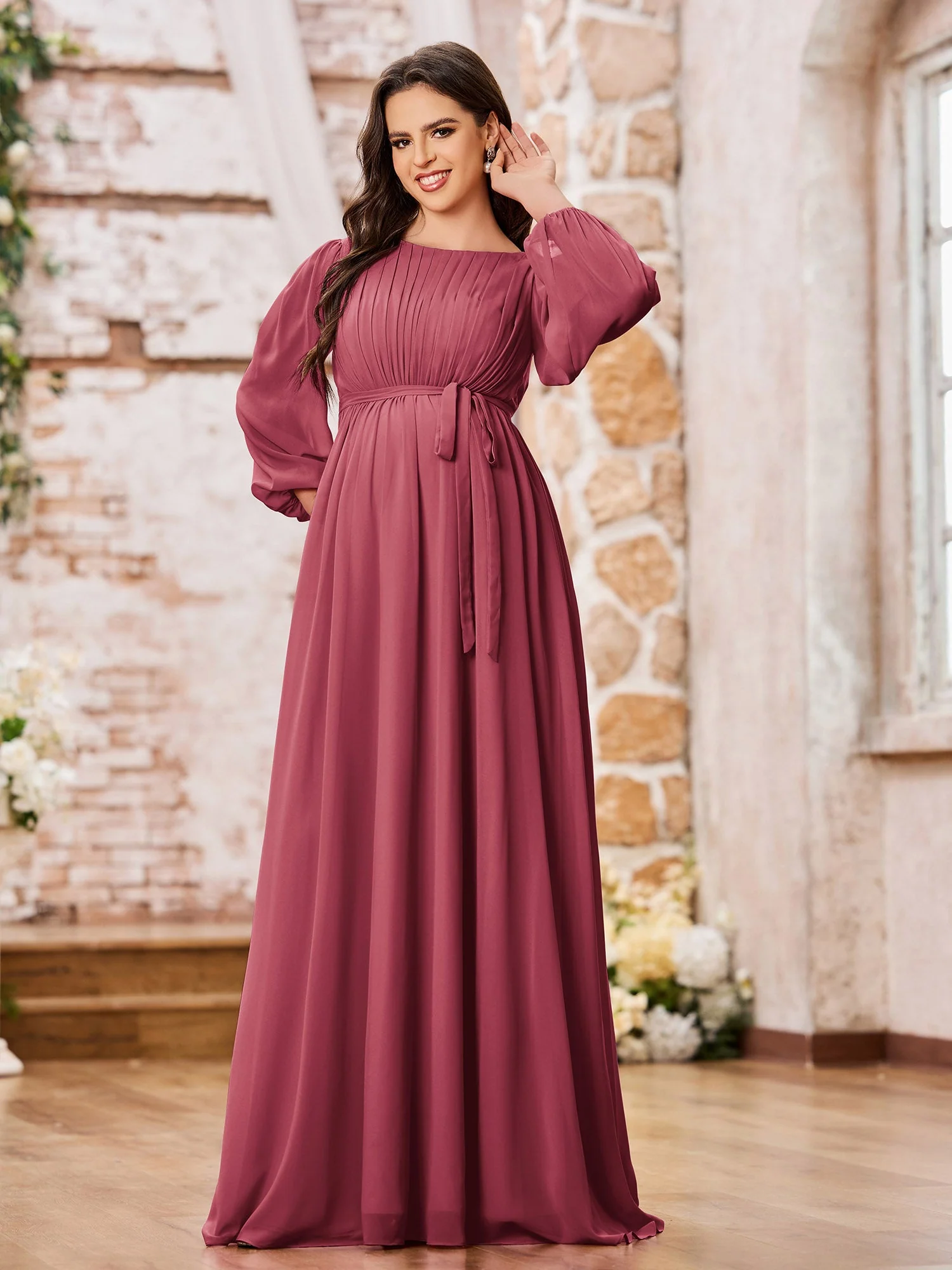 A-Linie Empire Taille Langarm Chiffon Kleider mit Schleife Zimtrose