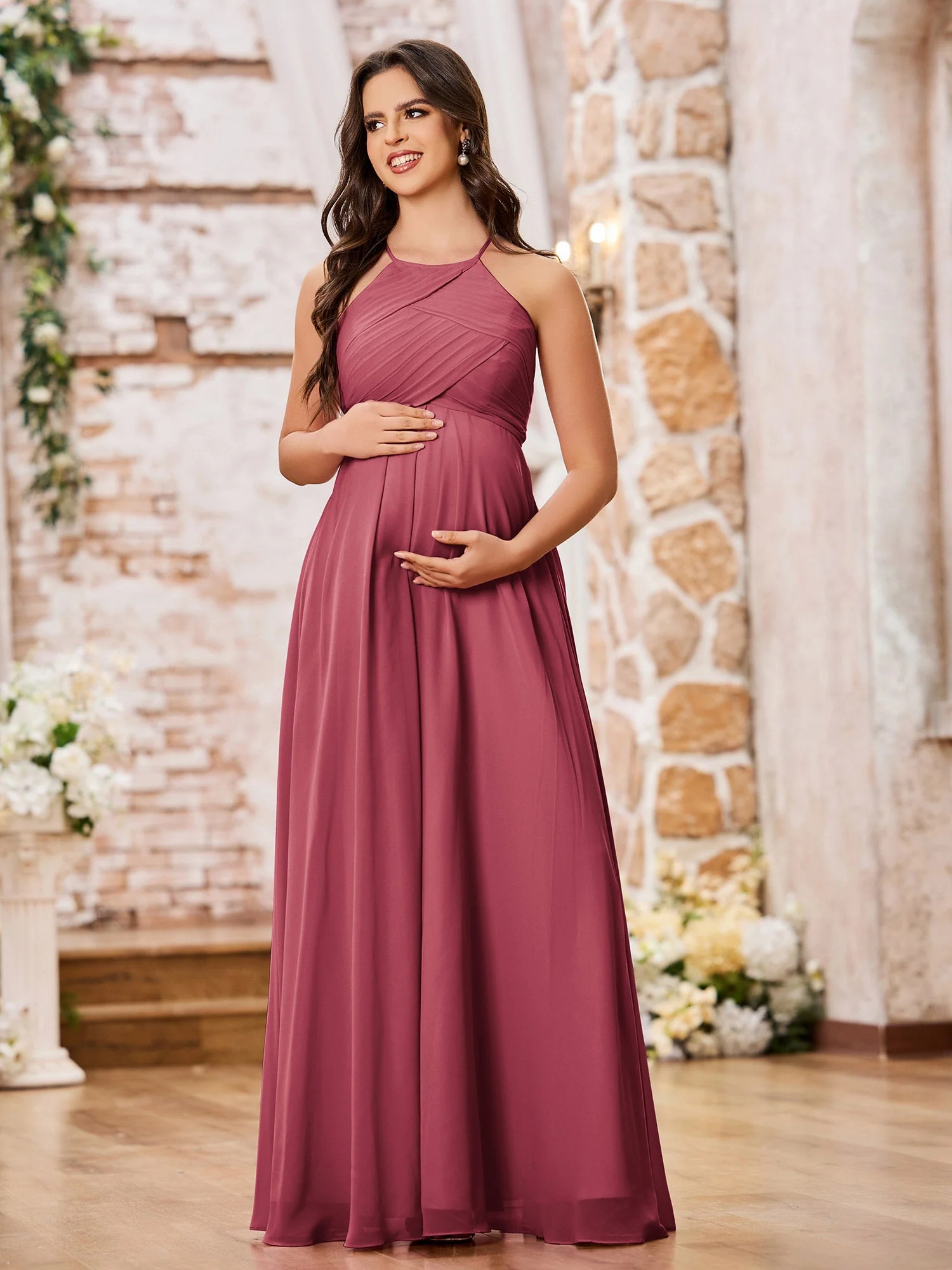 A-Linie Halter Empire Bodenlang Chiffon Brautjungfernkleider Zimtrose