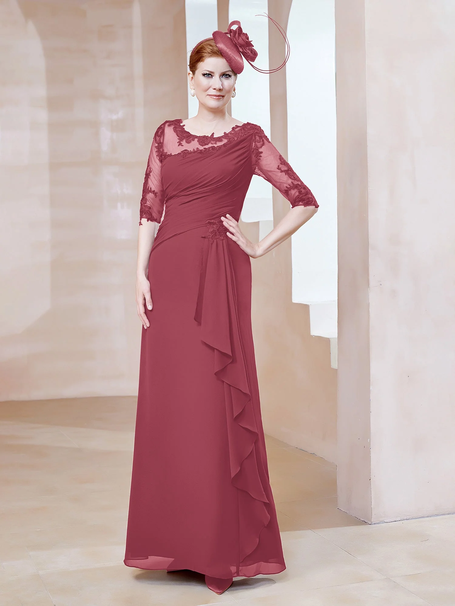 A-Linie Kleid mit V-Ausschnitt und Rüschen Zimtrose