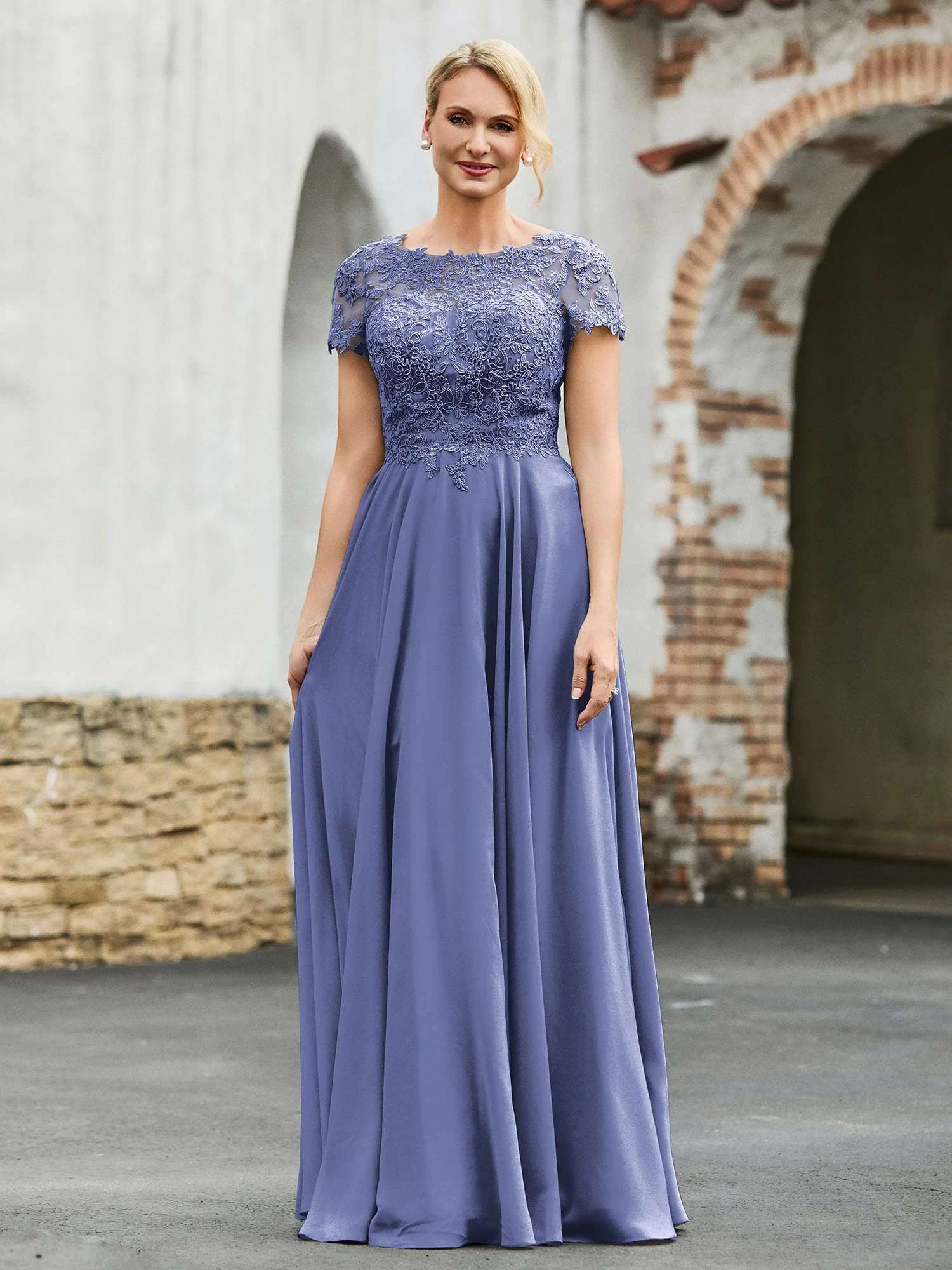 A-Linie Kurze Ärmel Spitzenoberteil Plissee Kleid Periwinkleblau