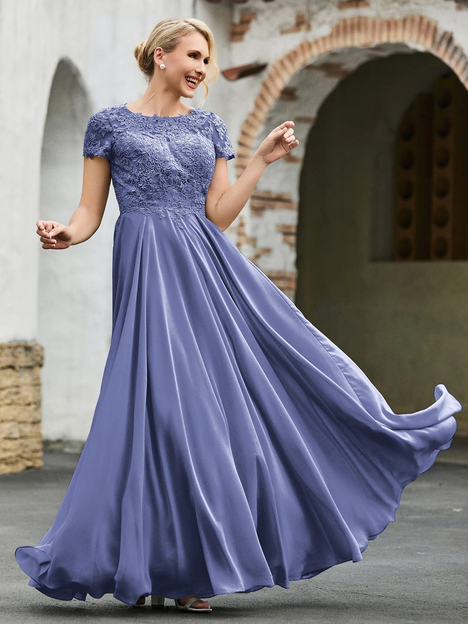 A-Linie Kurze Ärmel Spitzenoberteil Plissee Kleid Periwinkleblau - Image 3