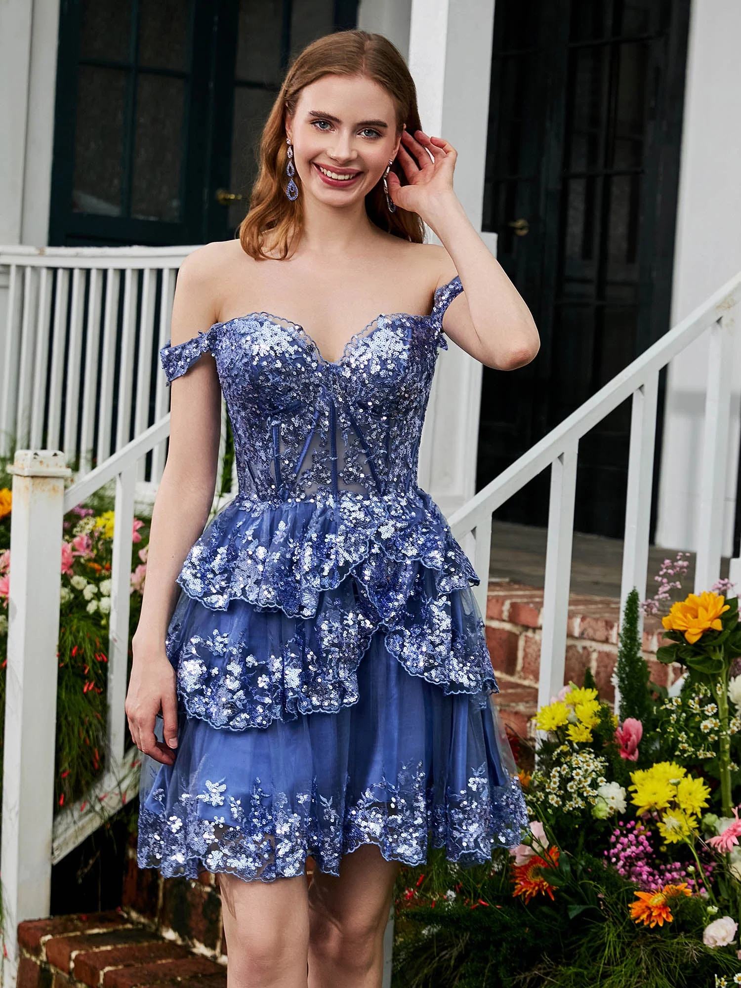 A-Linie Minikleid Mit Herzförmigem Paillettenbesatz Und Tüllstufen Periwinkleblau - Image 3