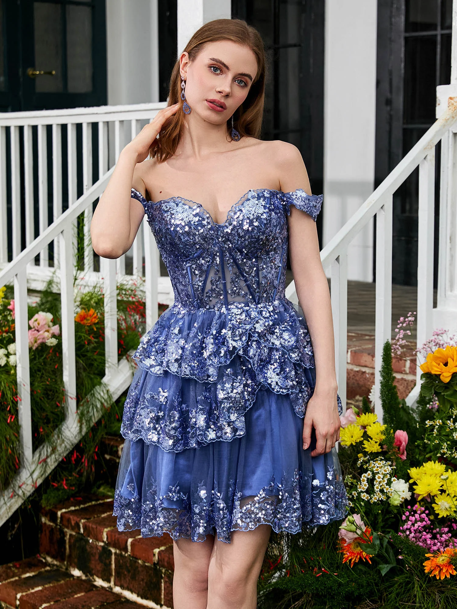 A-Linie Minikleid Mit Herzförmigem Paillettenbesatz Und Tüllstufen Periwinkleblau - Image 5