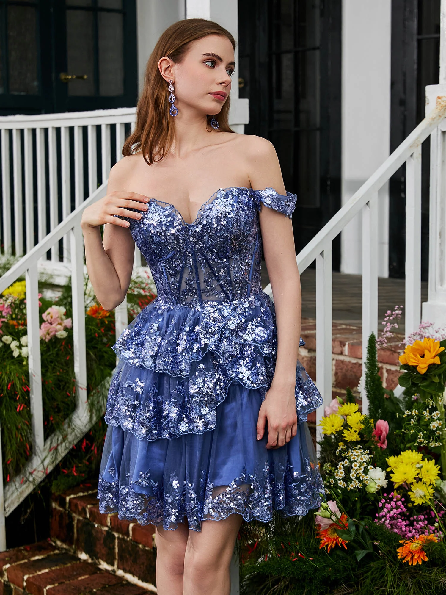 A-Linie Minikleid Mit Herzförmigem Paillettenbesatz Und Tüllstufen Periwinkleblau - Image 6