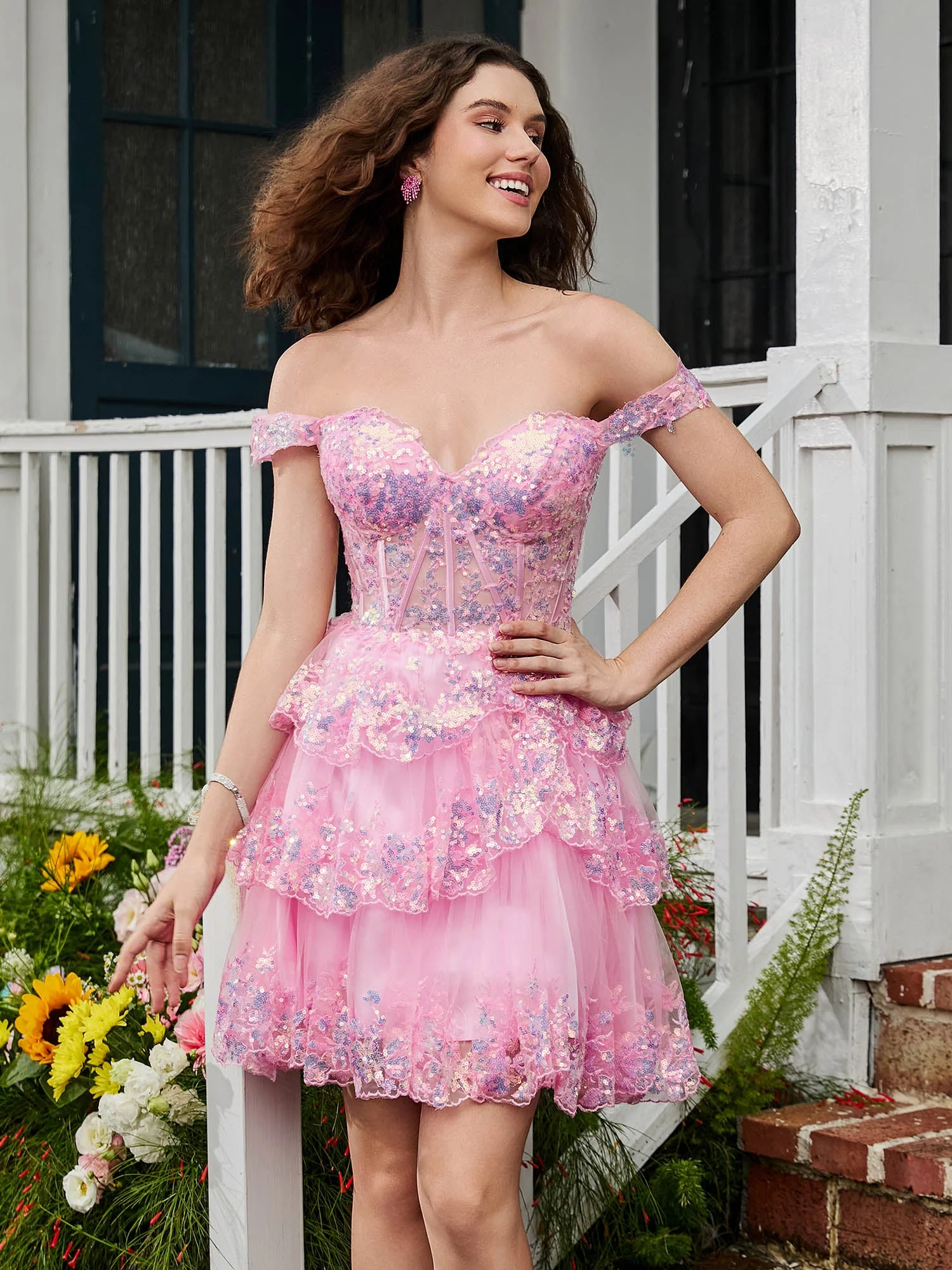A-Linie Minikleid Mit Herzförmigem Paillettenbesatz Und Tüllstufen Zartrosa