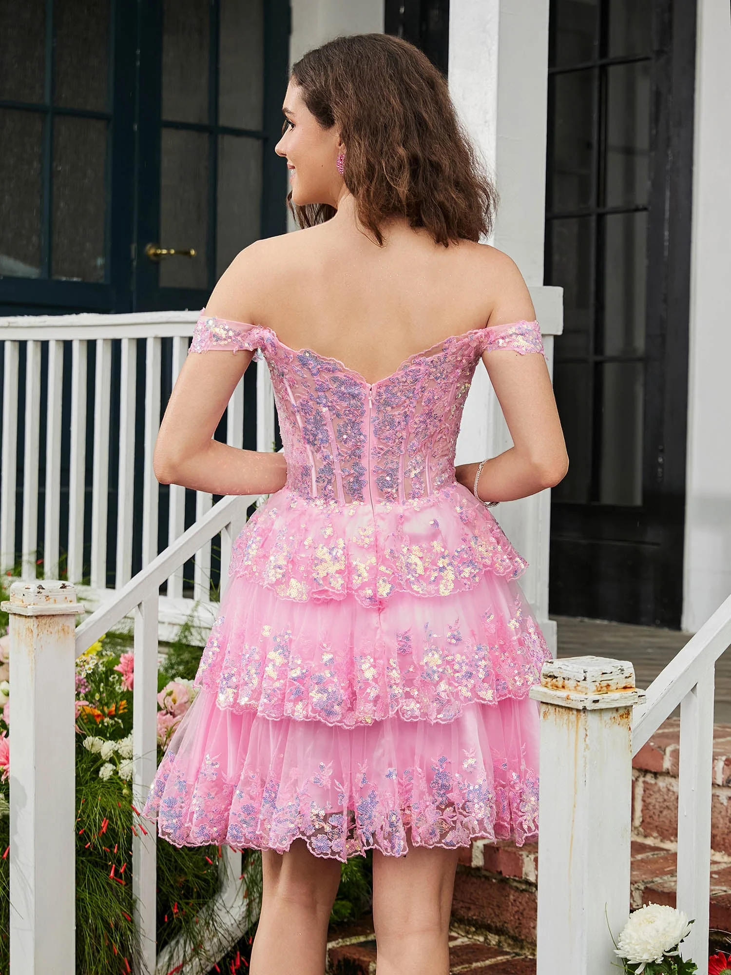 A-Linie Minikleid Mit Herzförmigem Paillettenbesatz Und Tüllstufen Zartrosa - Image 2