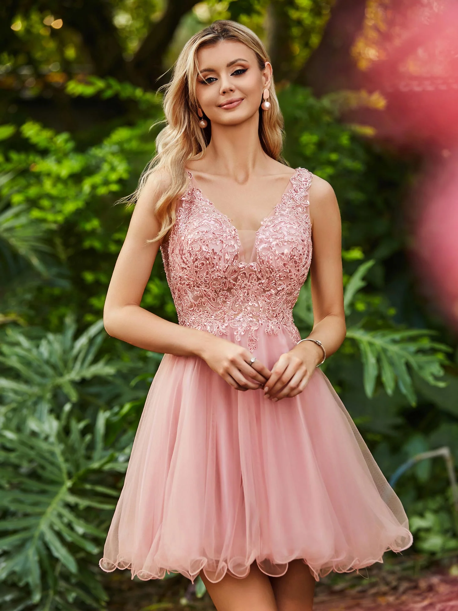 A-Linie Pailletten Oberteil Volant Party Kurzes Kleid Staubige Rosa - Image 6