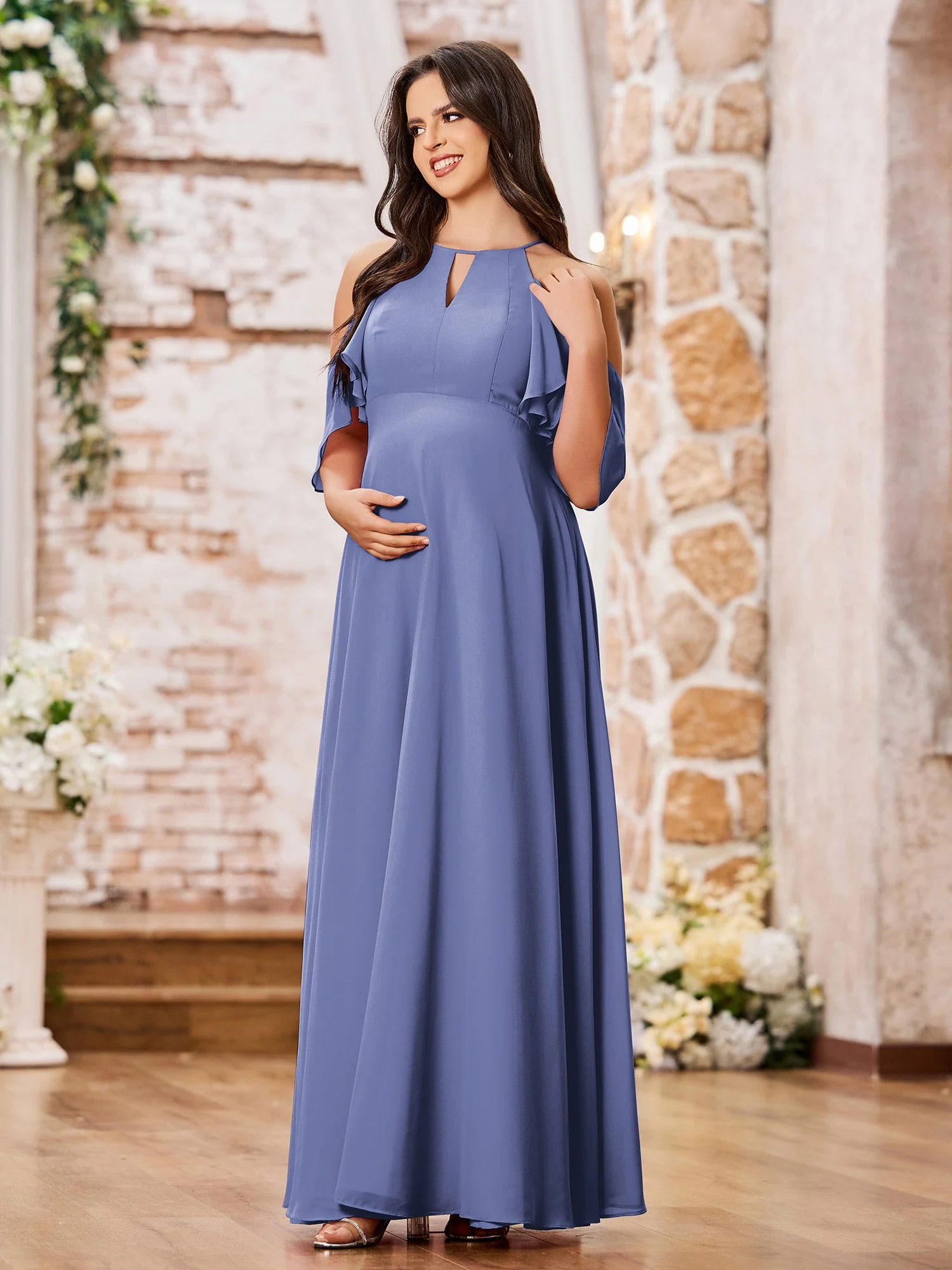 A-Linie Prinzessin Bodenlang Empire Chiffon Kleider Periwinkleblau - Image 3
