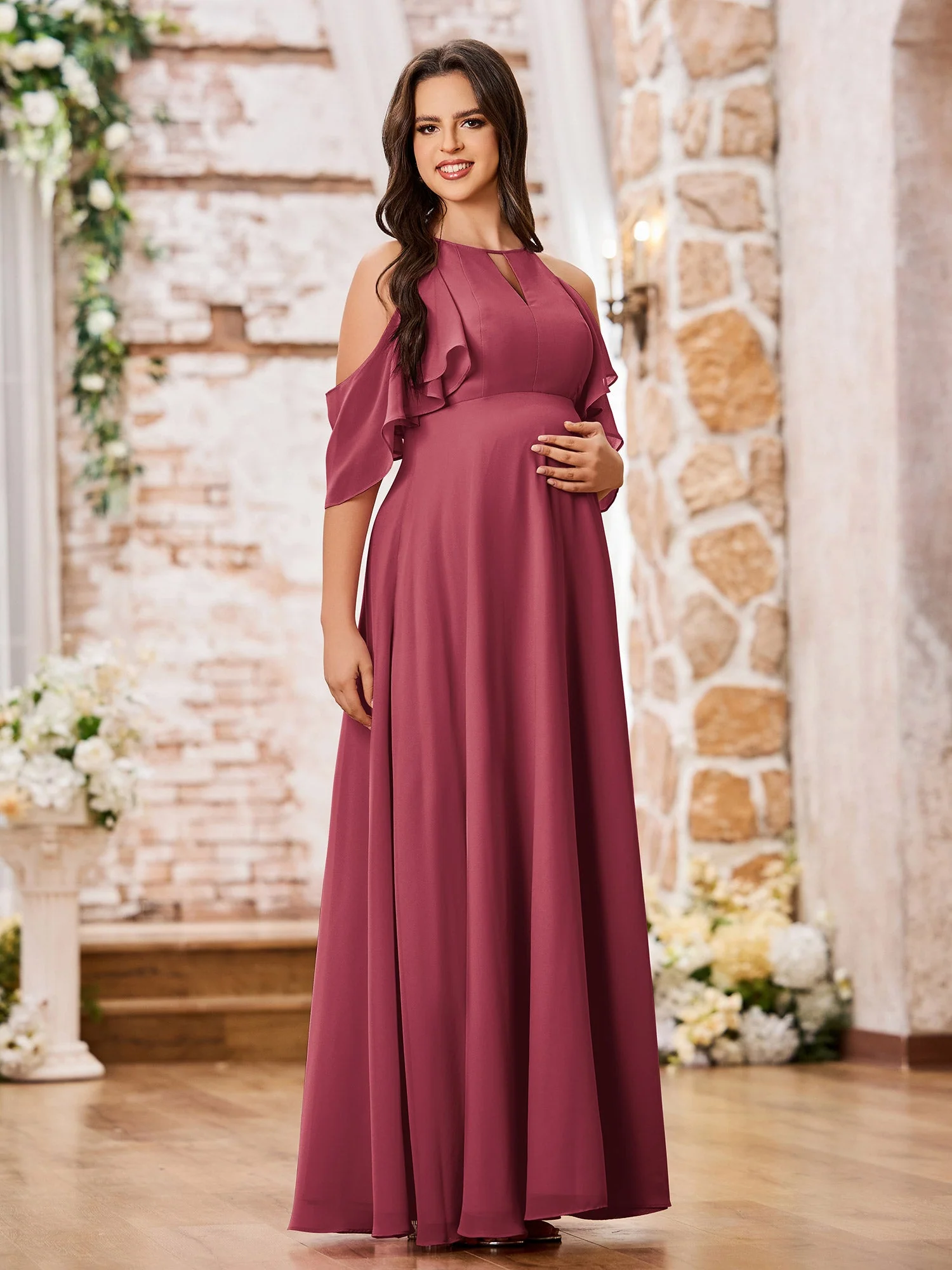 A-Linie Prinzessin Bodenlang Empire Chiffon Kleider Zimtrose