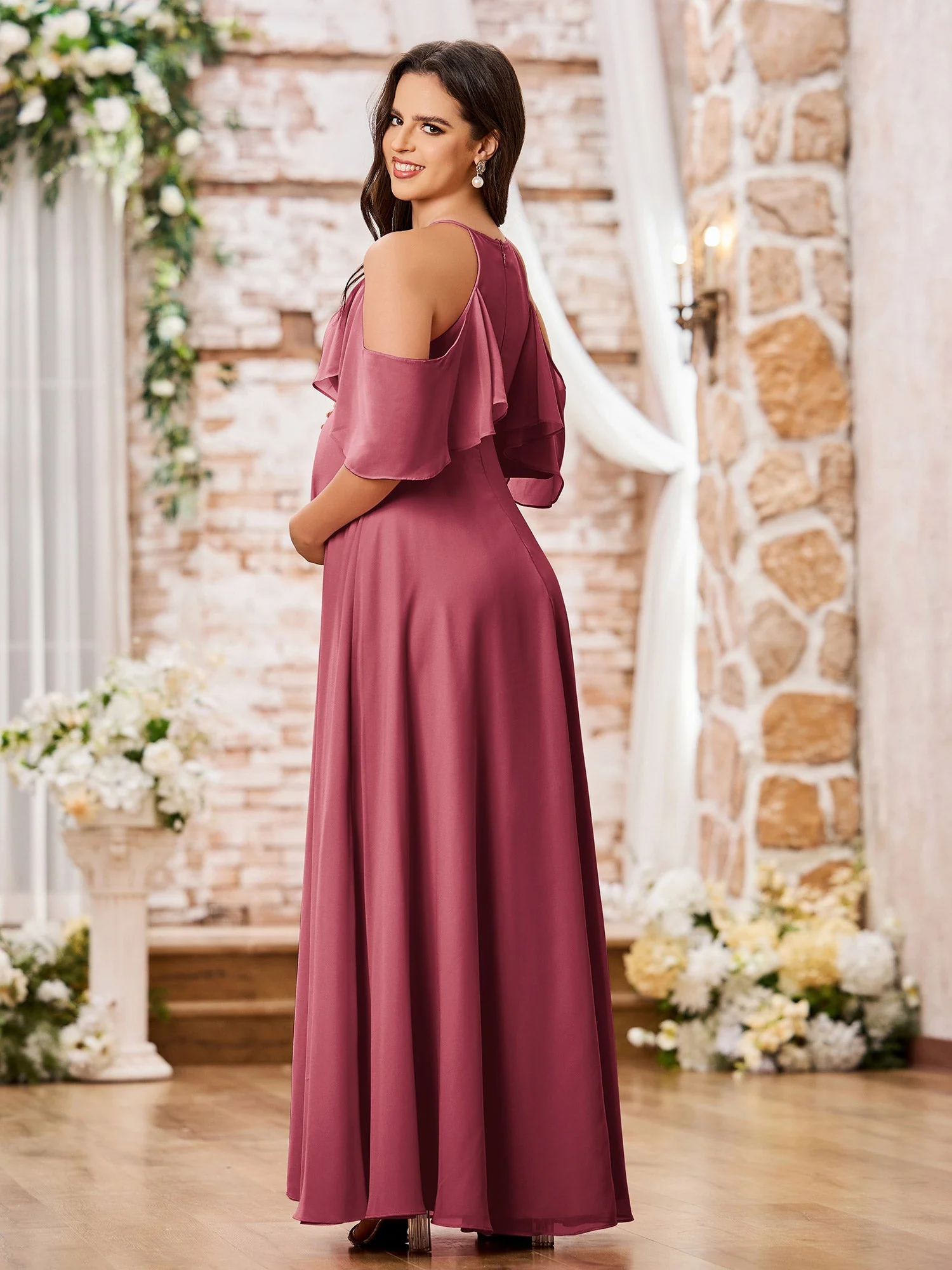 A-Linie Prinzessin Bodenlang Empire Chiffon Kleider Zimtrose - Image 2