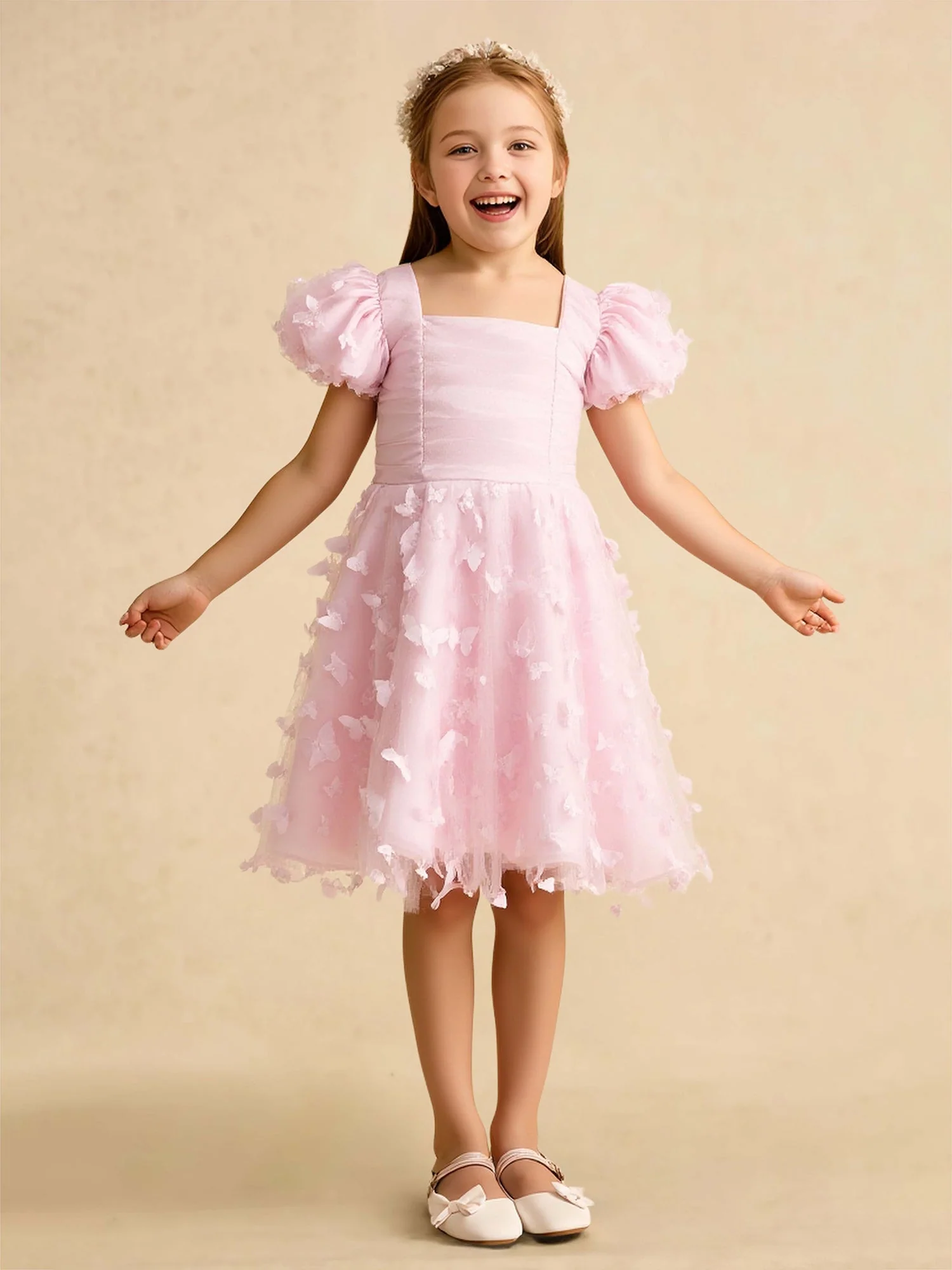 A-Linie Quadratausschnitt Schmetterling Tüll Blumenmädchen Kleid Zartrosa