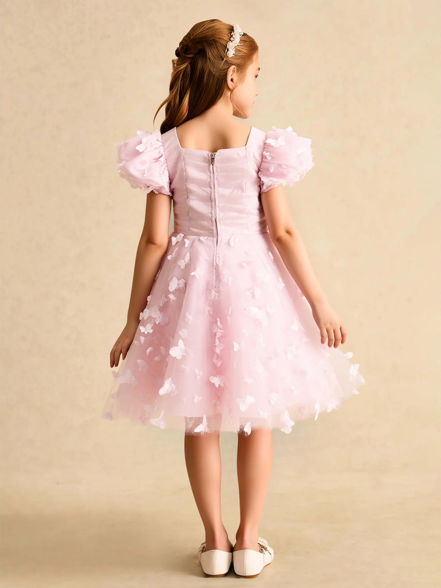 A-Linie Quadratausschnitt Schmetterling Tüll Blumenmädchen Kleid Zartrosa - Image 2
