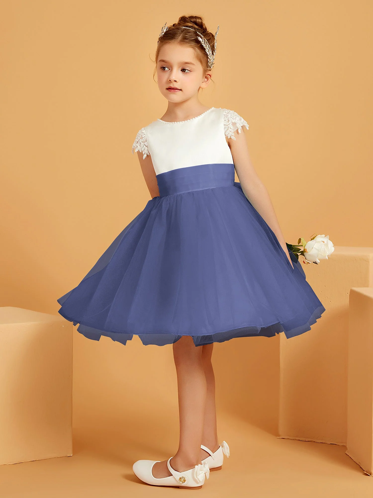 A-Linie Rundhals Knielang Satin/Tüll Blumenmädchenkleid Periwinkleblau