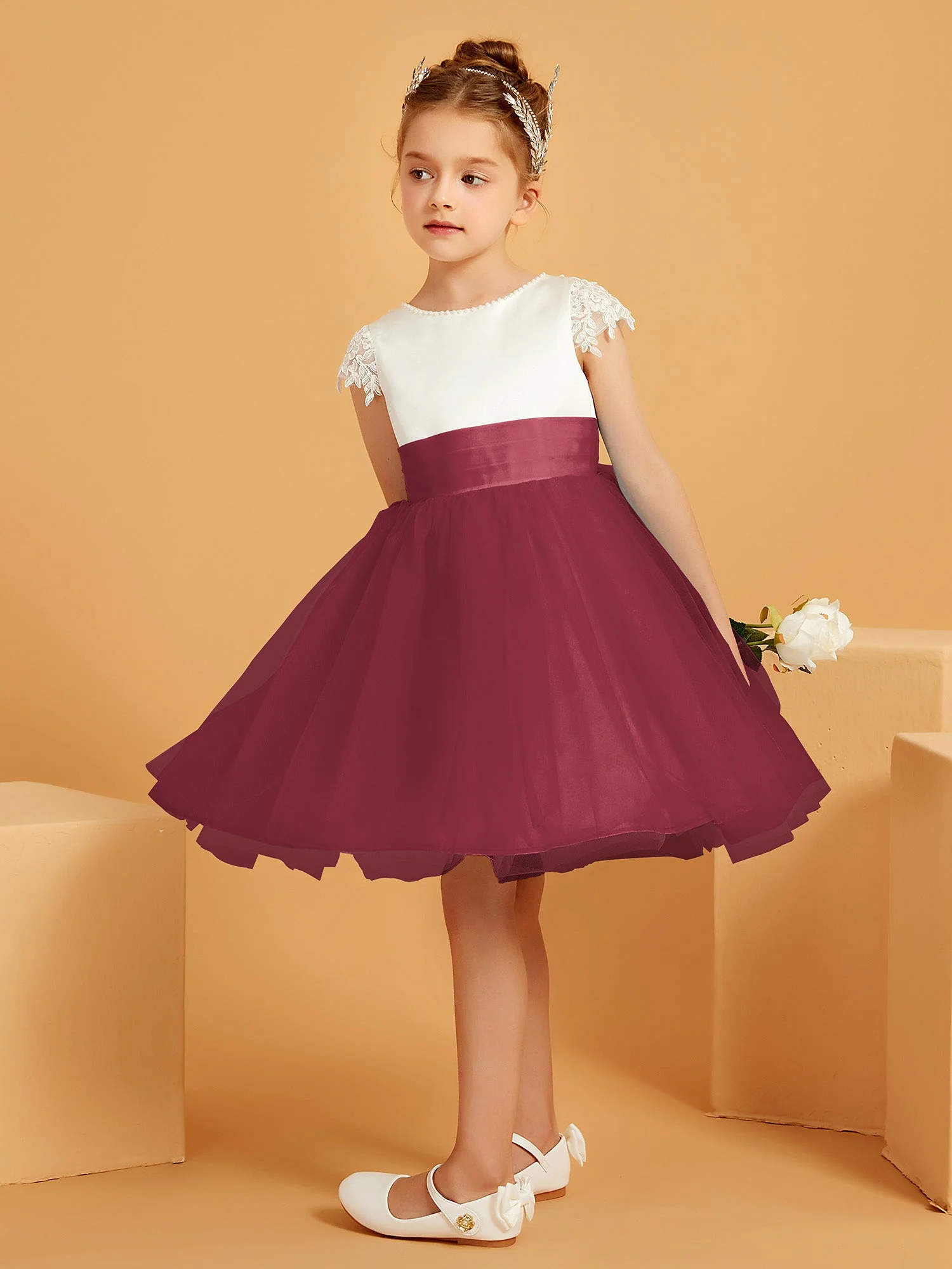 A-Linie Rundhals Knielang Satin/Tüll Blumenmädchenkleid Zimtrose