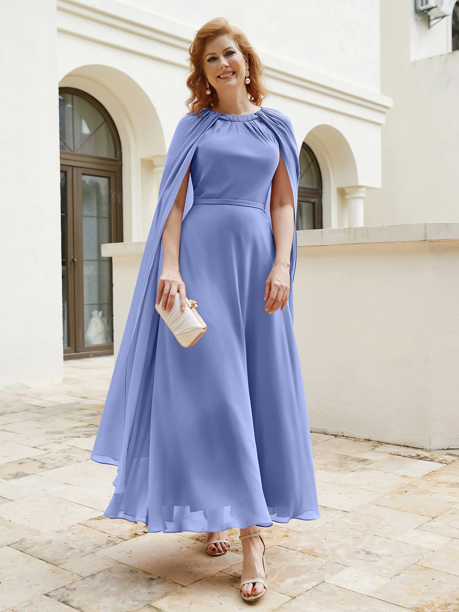A-Linie Rundhalsausschnitt Chiffonkleid Tee-Länge Periwinkleblau - Image 5