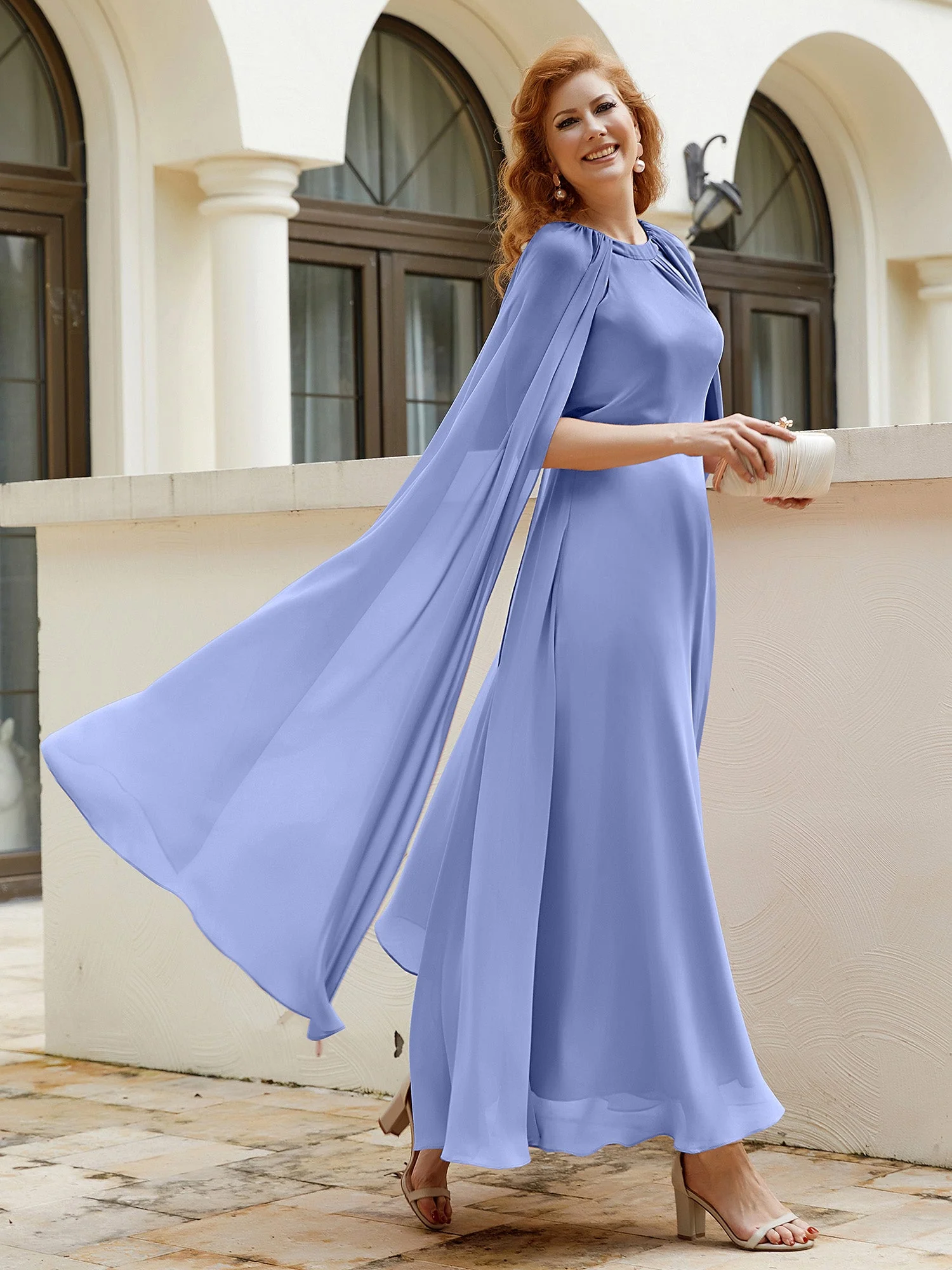 A-Linie Rundhalsausschnitt Chiffonkleid Tee-Länge Periwinkleblau - Image 7