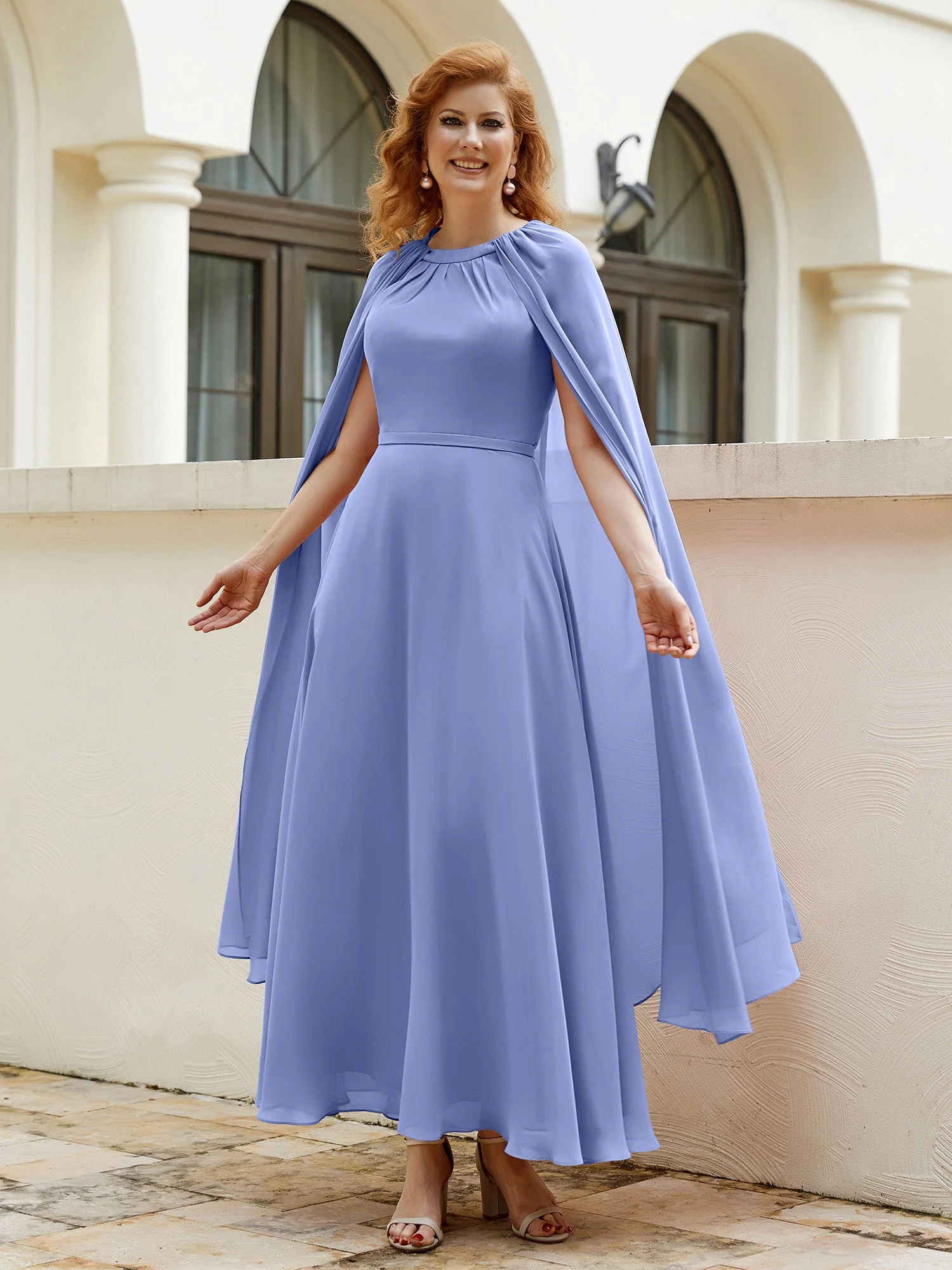 A-Linie Rundhalsausschnitt Chiffonkleid Tee-Länge Periwinkleblau Übergröße - Image 6