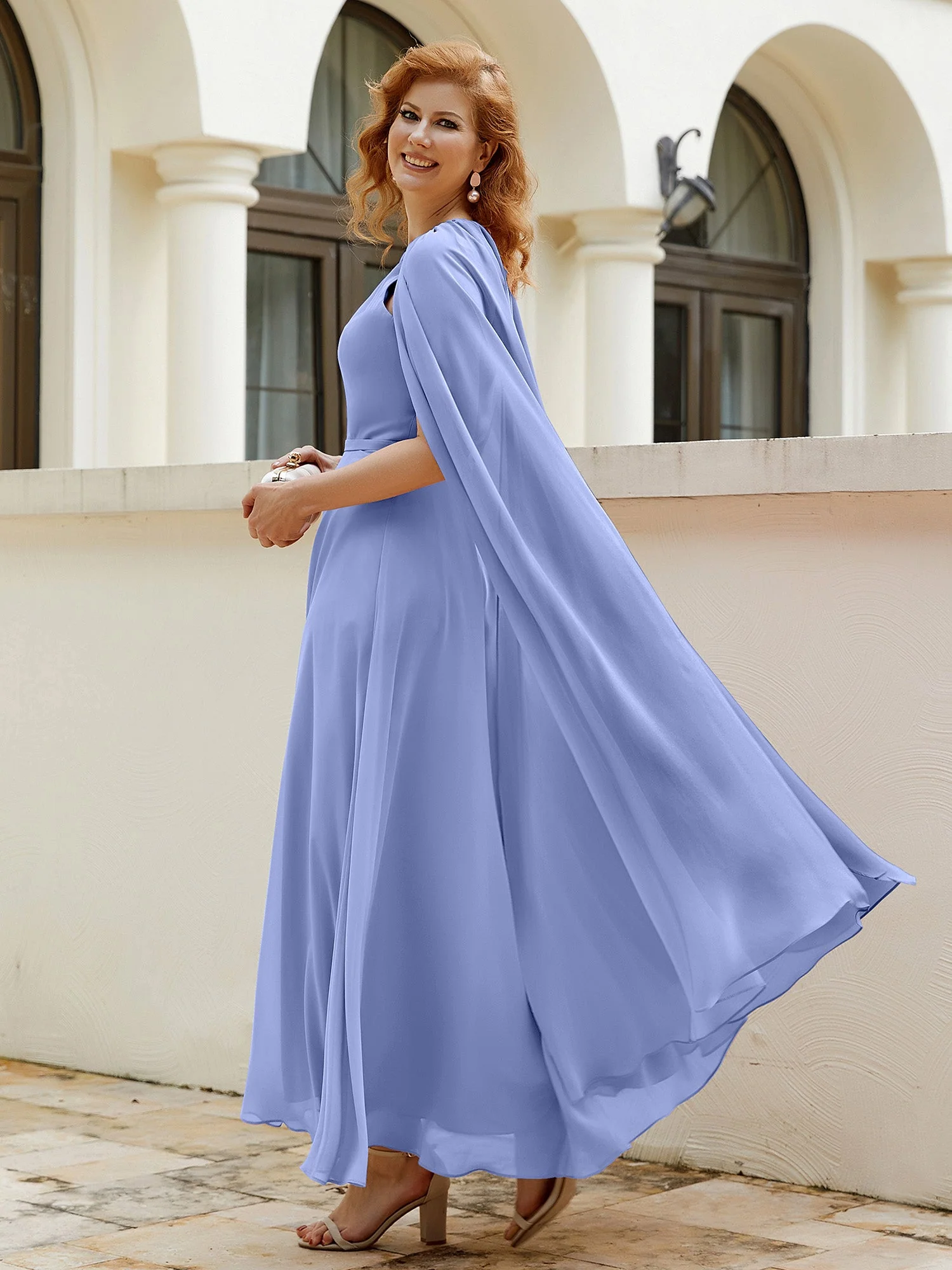A-Linie Rundhalsausschnitt Chiffonkleid Tee-Länge Periwinkleblau Übergröße - Image 8