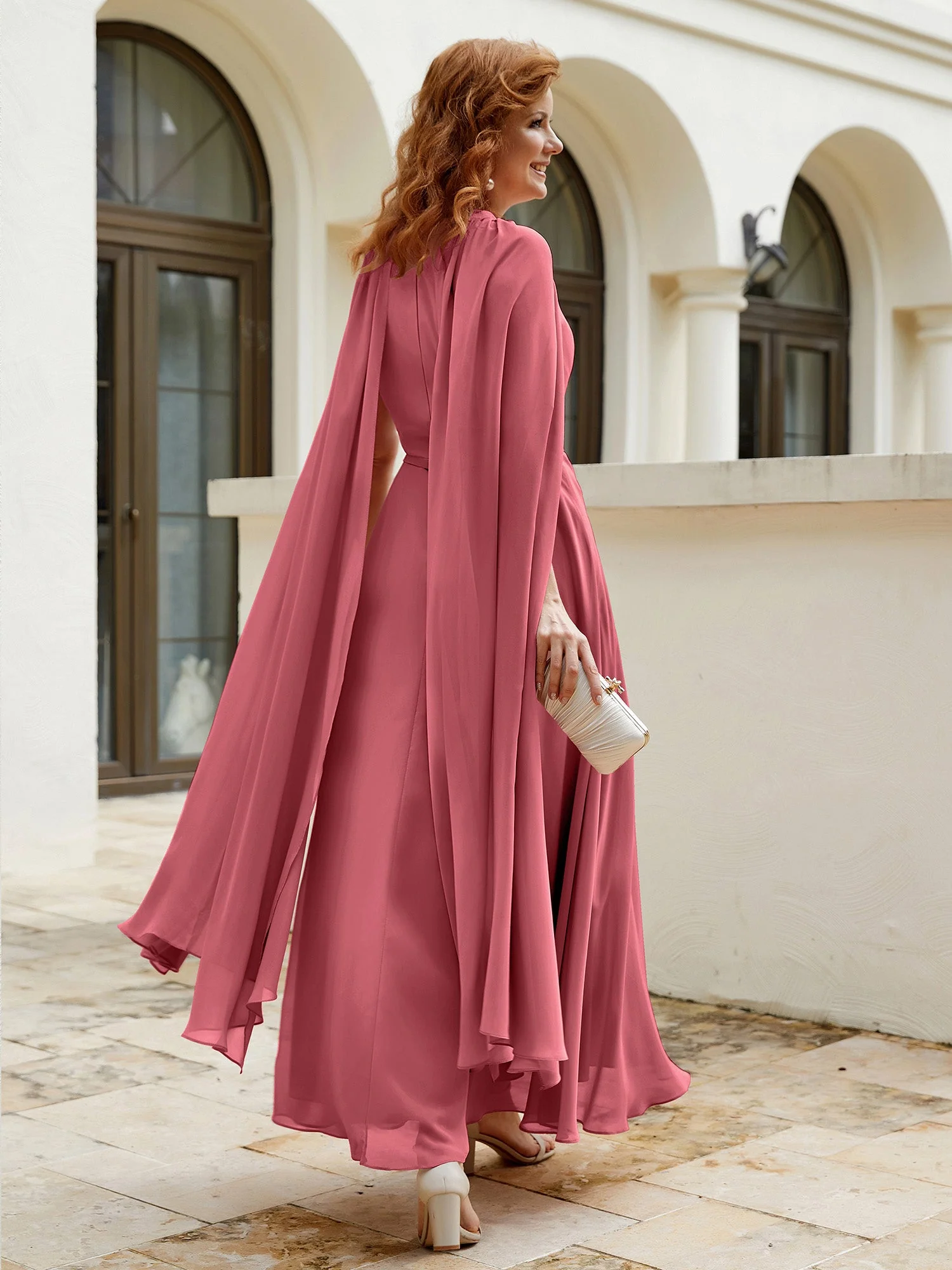 A-Linie Rundhalsausschnitt Chiffonkleid Tee-Länge Zimtrose - Image 2
