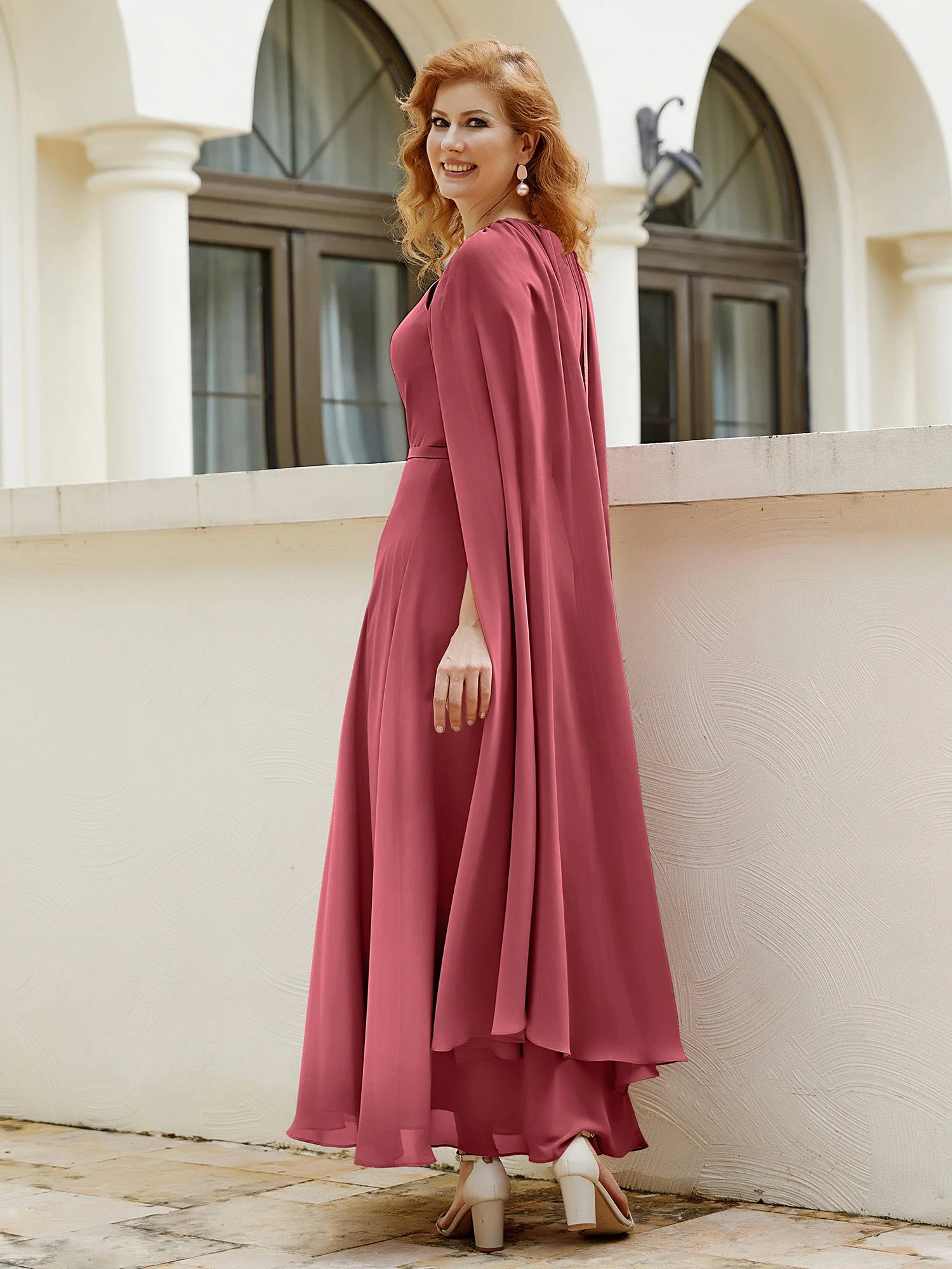 A-Linie Rundhalsausschnitt Chiffonkleid Tee-Länge Zimtrose - Image 3