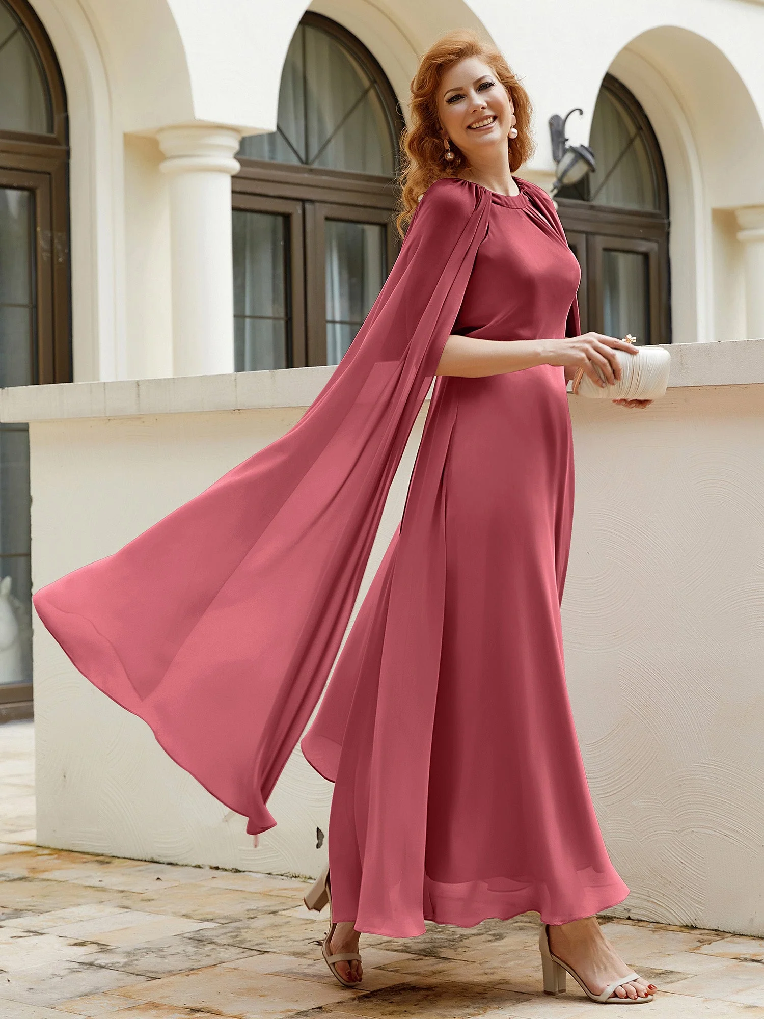 A-Linie Rundhalsausschnitt Chiffonkleid Tee-Länge Zimtrose - Image 7