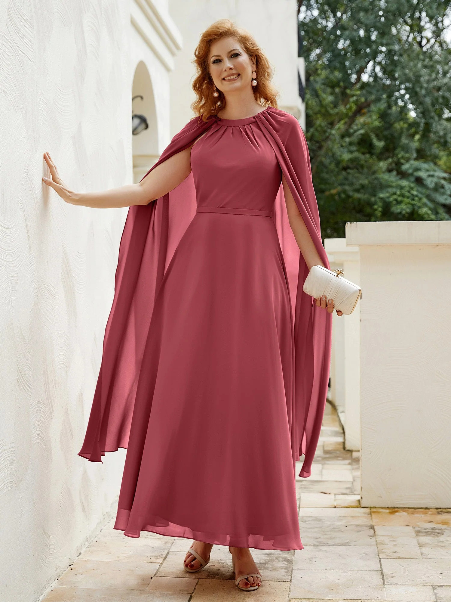 A-Linie Rundhalsausschnitt Chiffonkleid Tee-Länge Zimtrose Übergröße