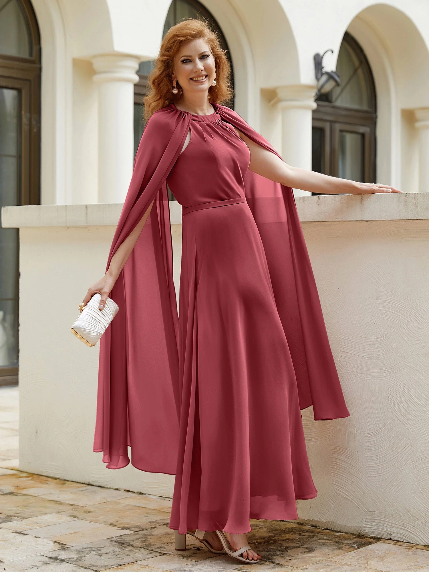 A-Linie Rundhalsausschnitt Chiffonkleid Tee-Länge Zimtrose Übergröße - Image 4